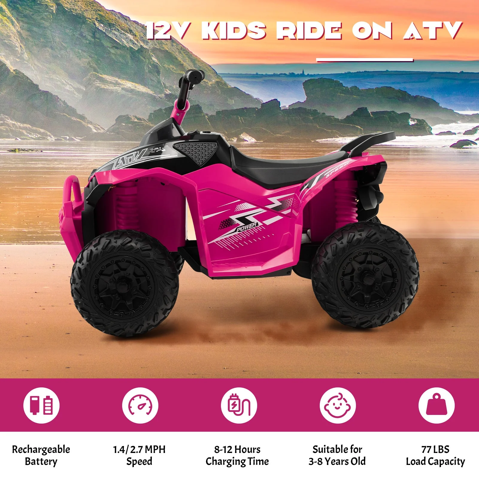 12V Kids Ride On ATV with High/Low Speed and Comfortable Seat-Pink - Image 6