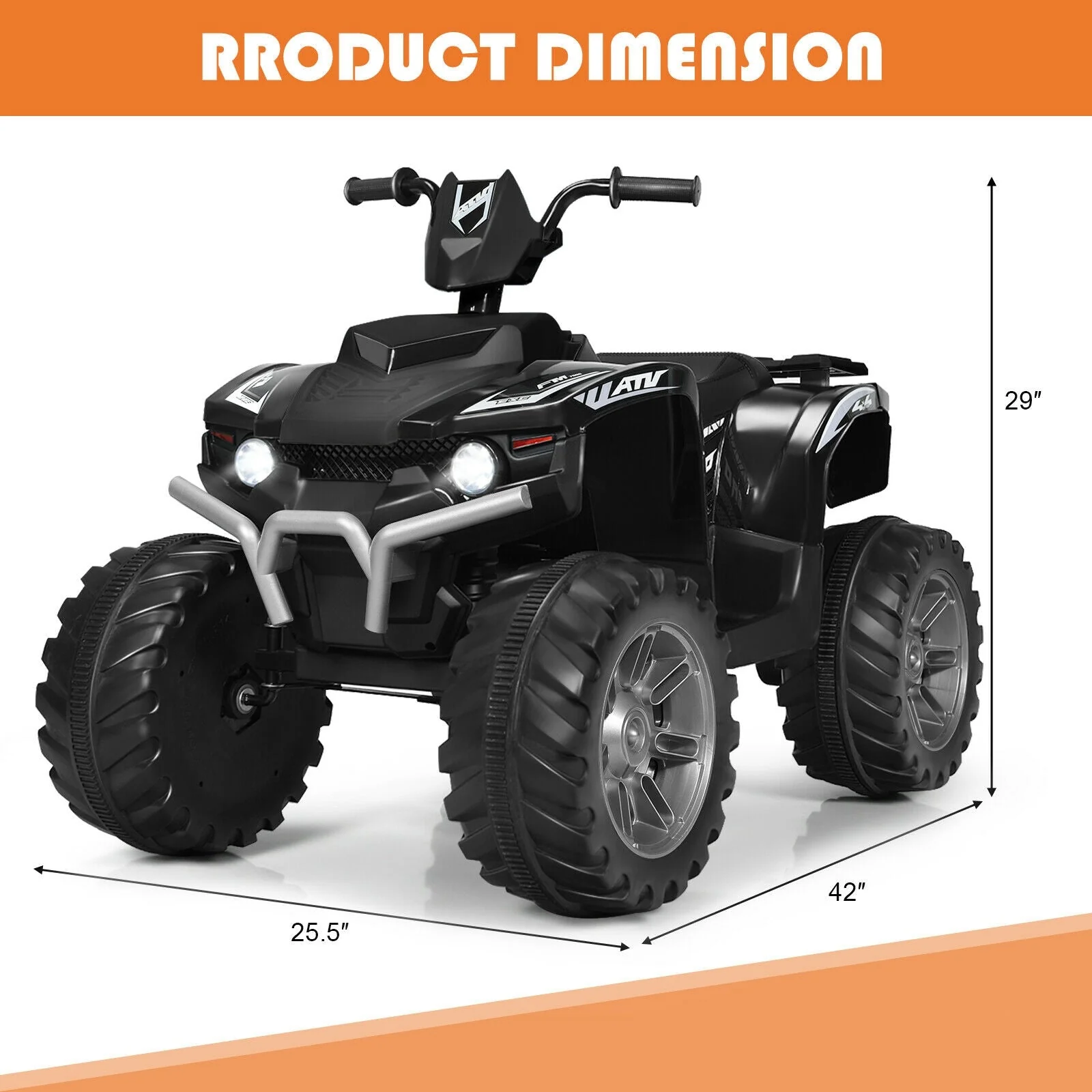 12V Kids Ride on ATV with LED Lights and Treaded Tires and LED lights-Black - Image 4