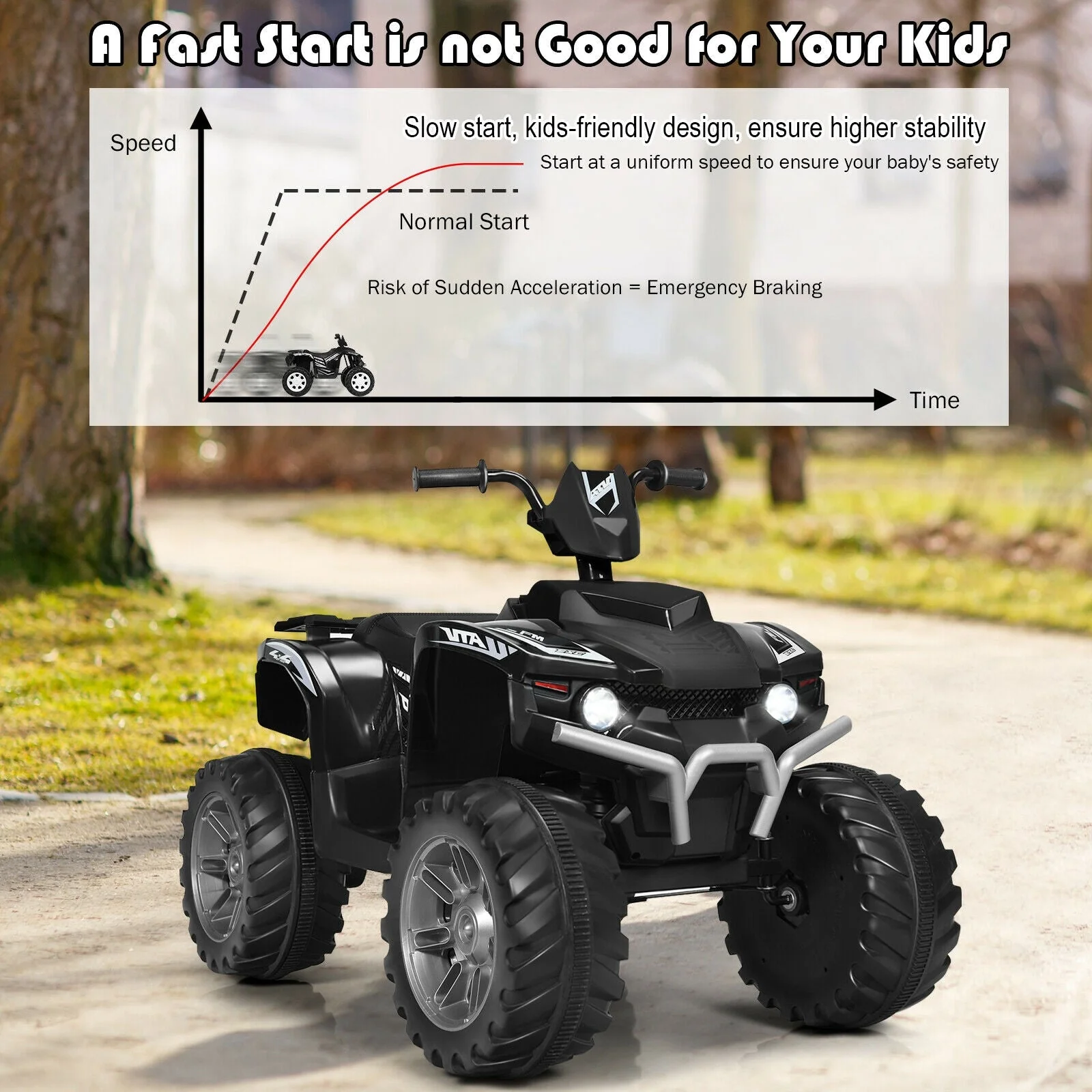 12V Kids Ride on ATV with LED Lights and Treaded Tires and LED lights-Black - Image 7