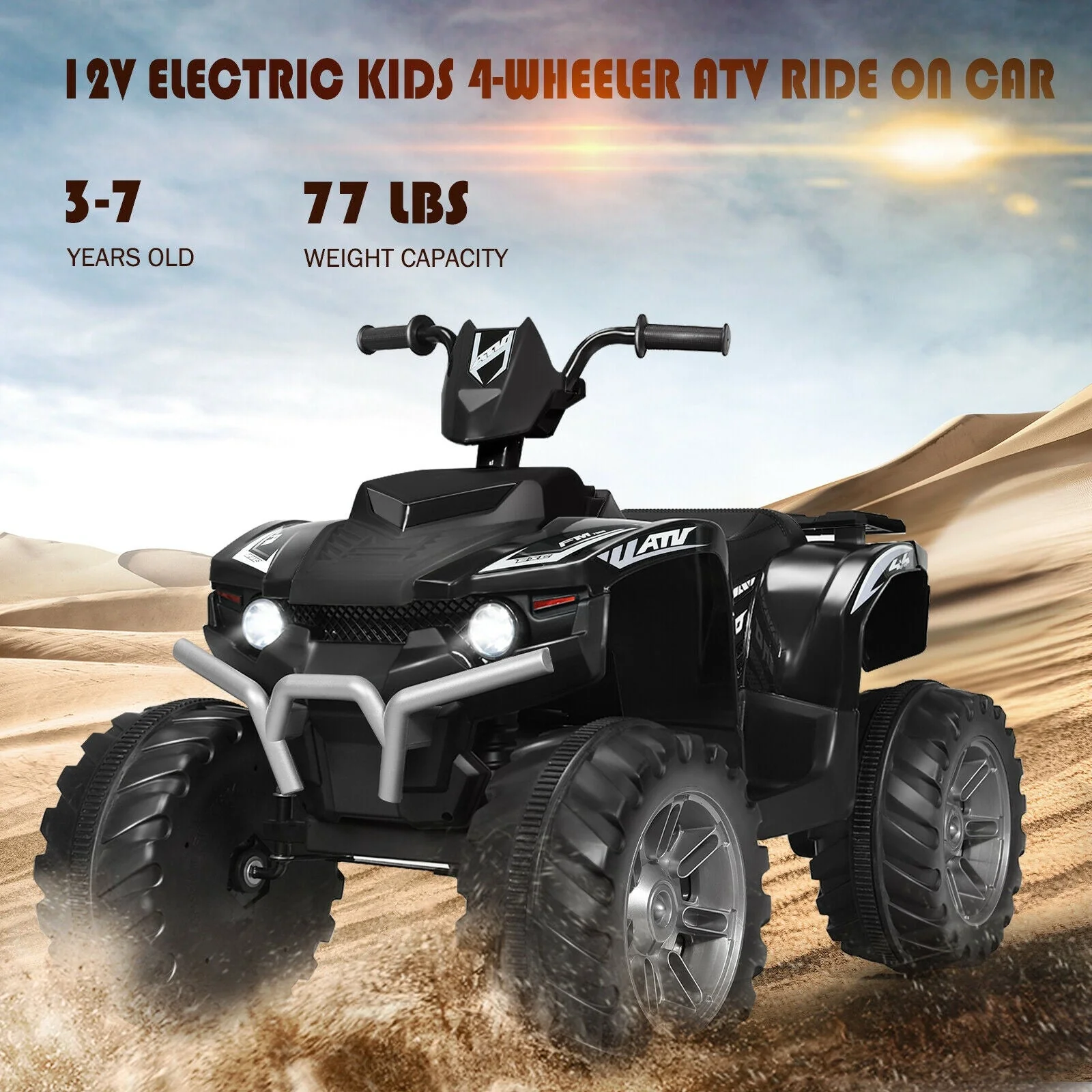 12V Kids Ride on ATV with LED Lights and Treaded Tires and LED lights-Black - Image 8