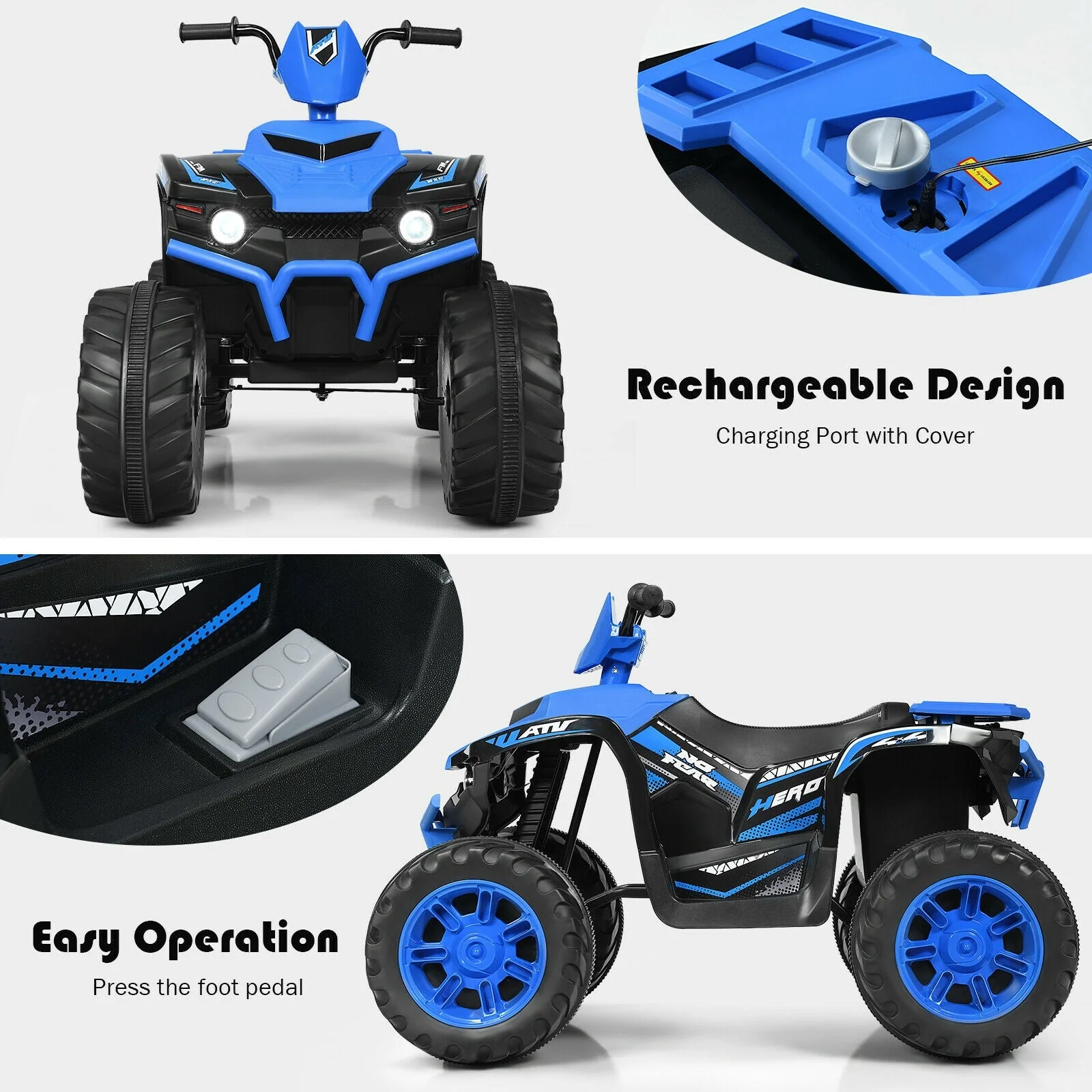 12V Kids Ride on ATV with LED Lights and Treaded Tires and LED lights-Navy - Image 8