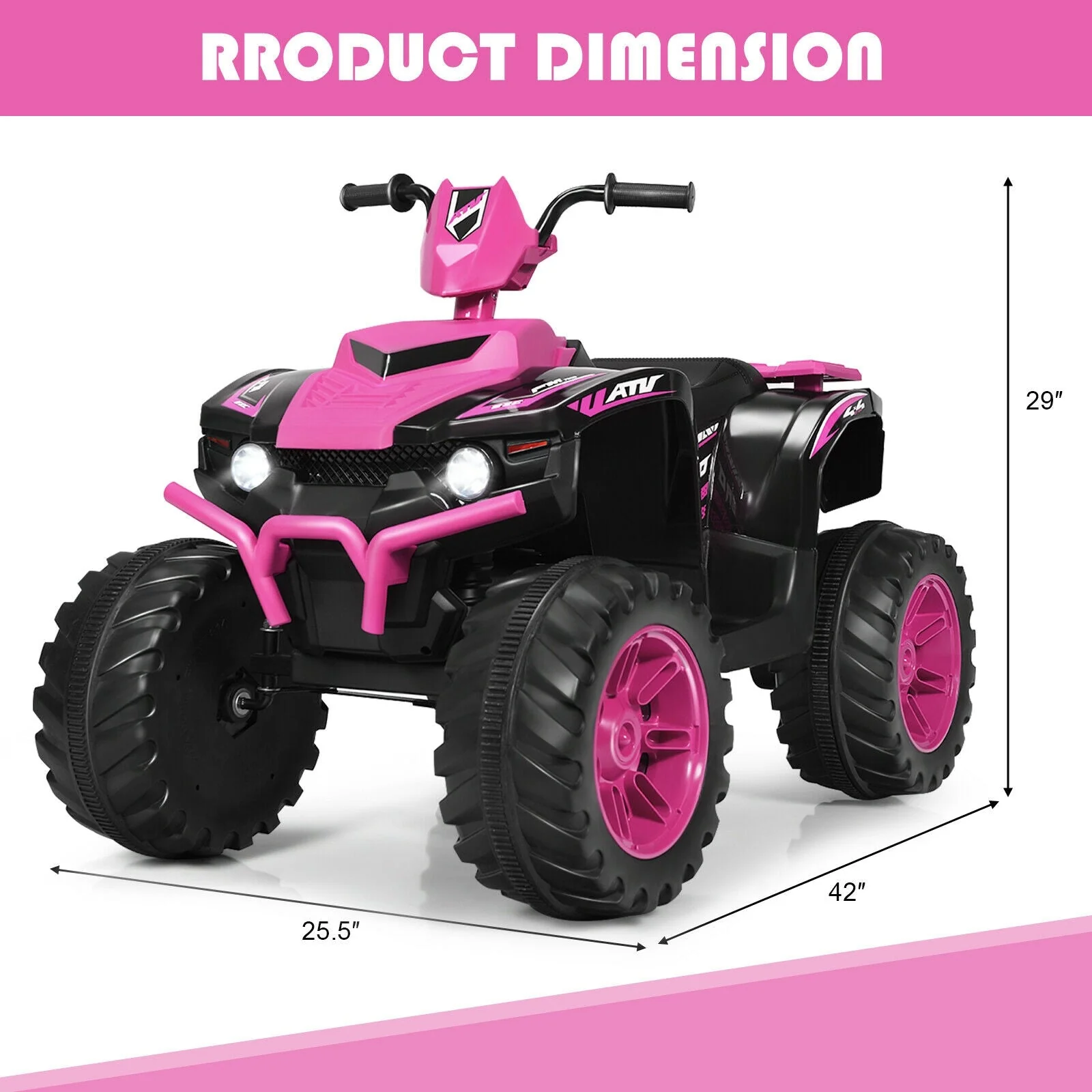 12V Kids Ride on ATV with LED Lights and Treaded Tires and LED lights-Pink - Image 4
