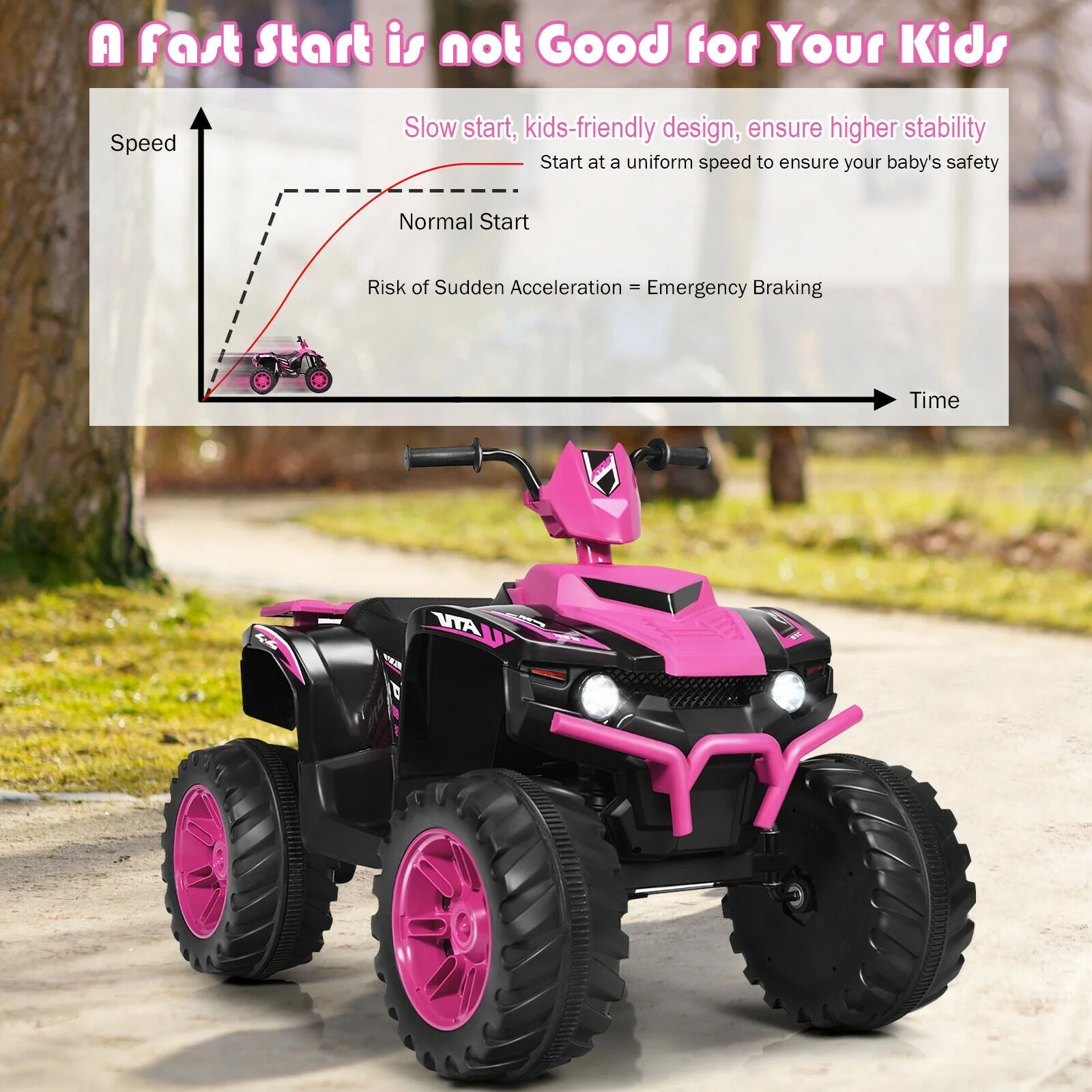 12V Kids Ride on ATV with LED Lights and Treaded Tires and LED lights-Pink - Image 7