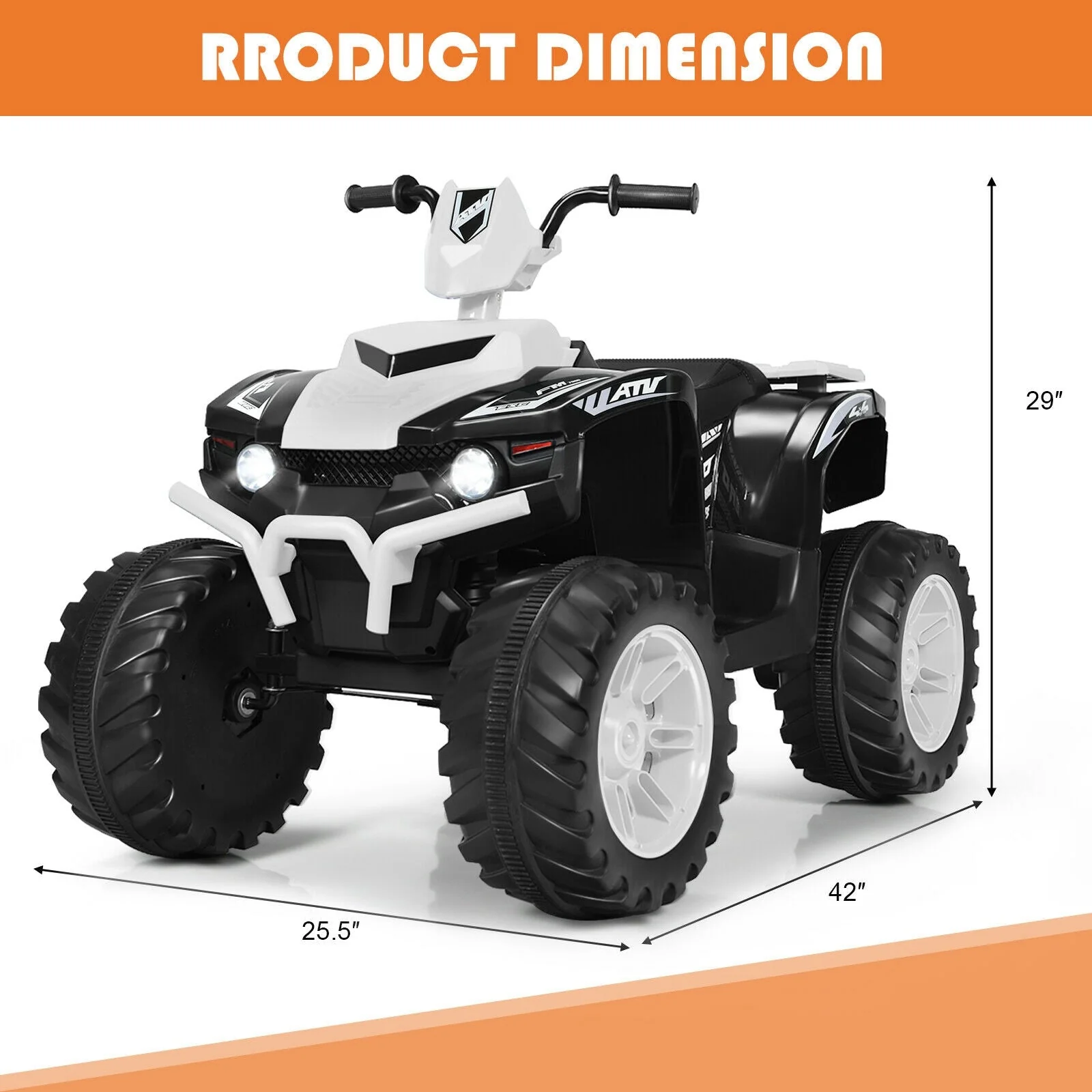 12V Kids Ride on ATV with LED Lights and Treaded Tires and LED lights-White - Image 4