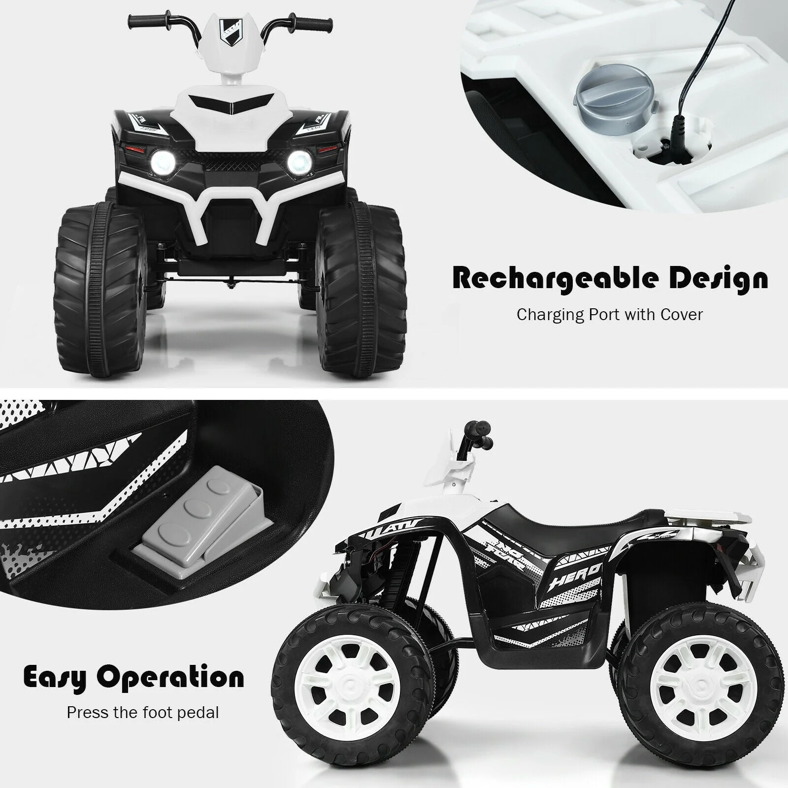 12V Kids Ride on ATV with LED Lights and Treaded Tires and LED lights-White - Image 6
