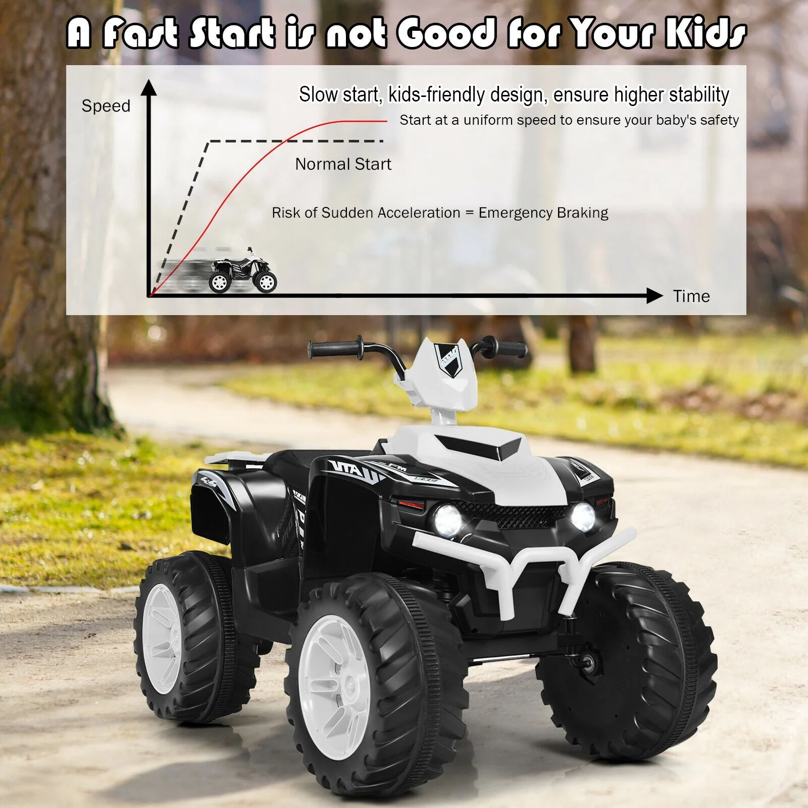 12V Kids Ride on ATV with LED Lights and Treaded Tires and LED lights-White - Image 8