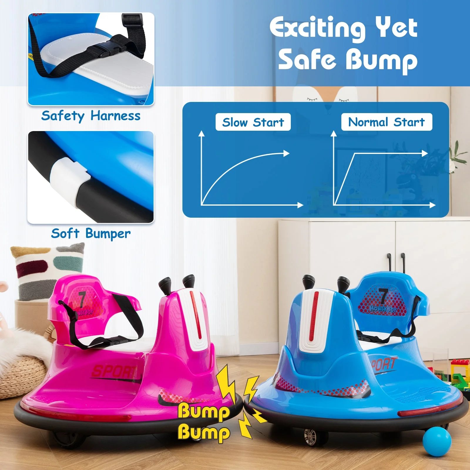 12V Kids Ride On Bumper Car with Remote Control Lights and Music-Blue - Image 6