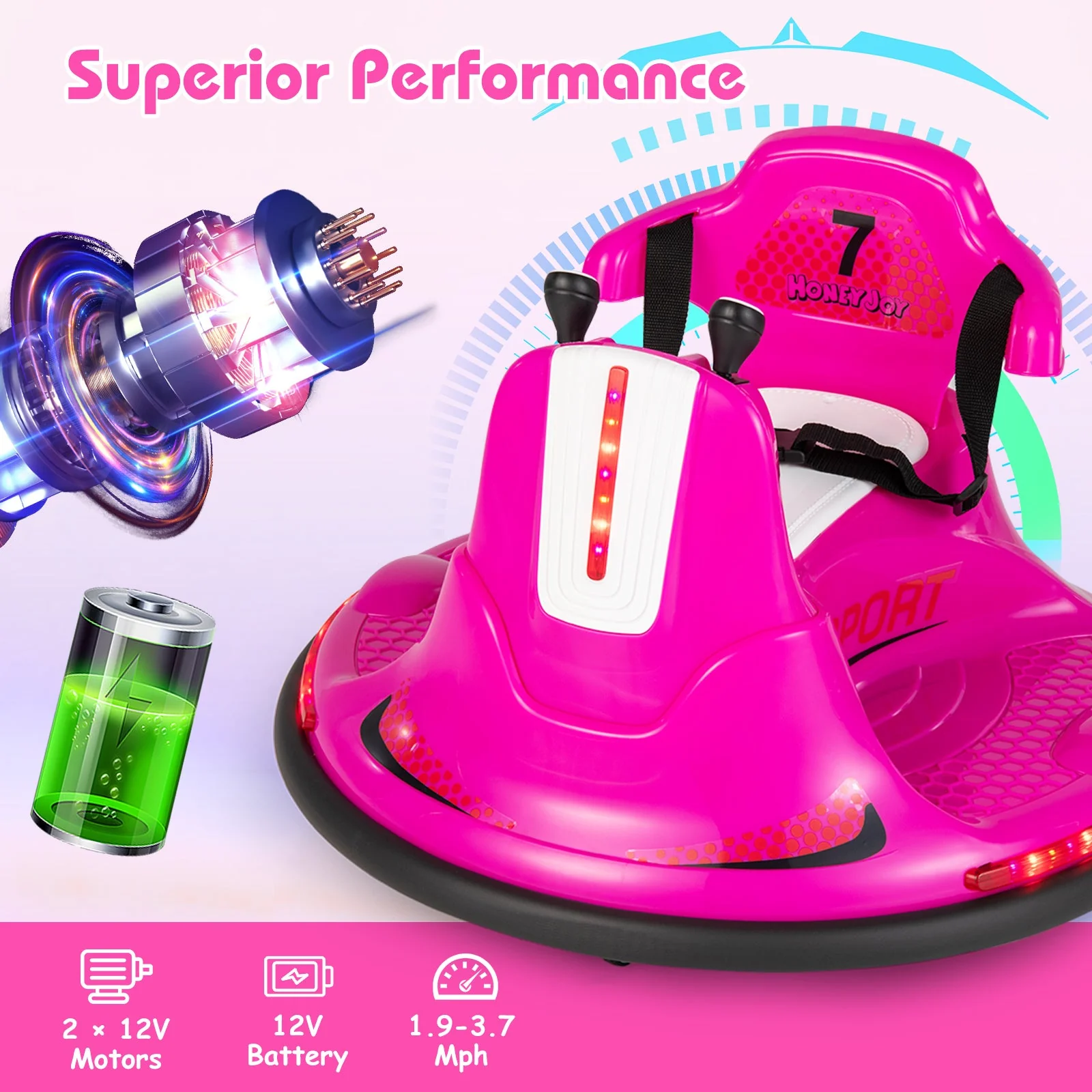 12V Kids Ride On Bumper Car with Remote Control Lights and Music-Pink - Image 5