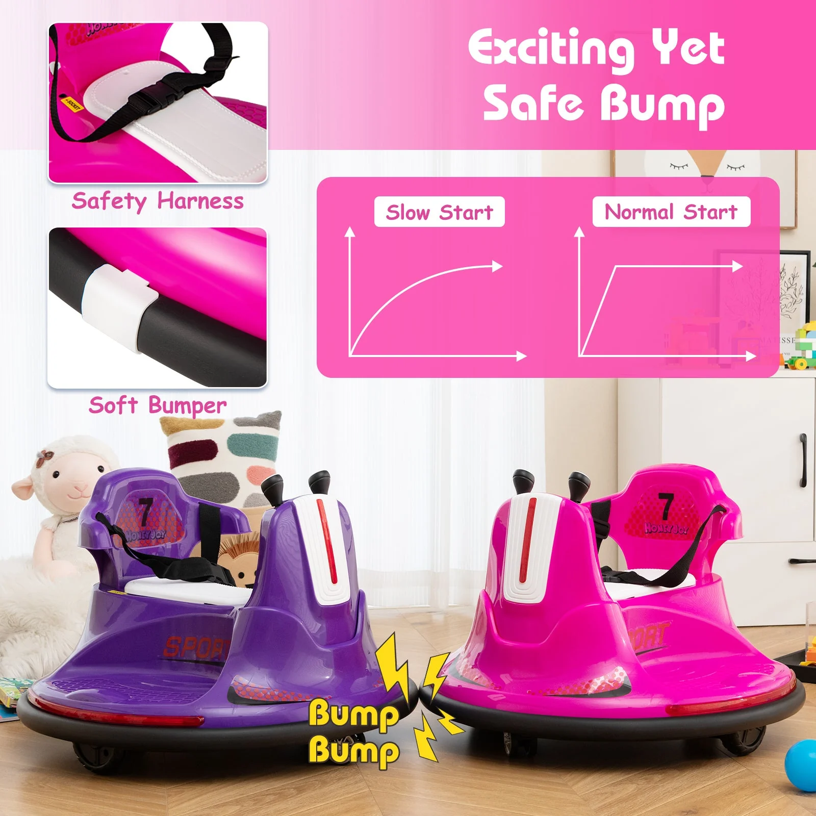 12V Kids Ride On Bumper Car with Remote Control Lights and Music-Pink - Image 6