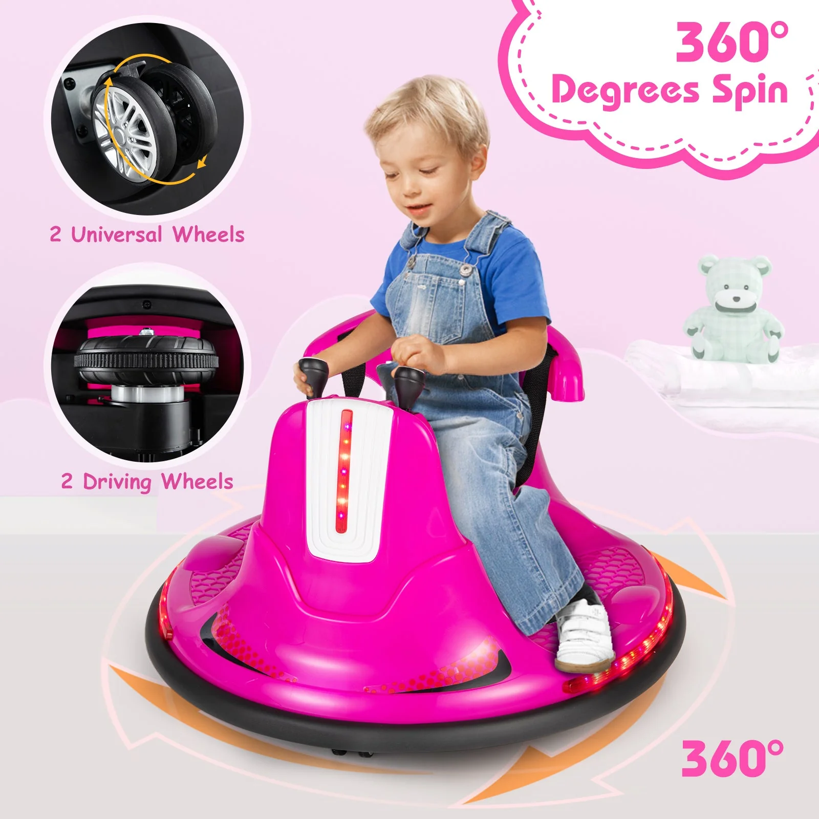12V Kids Ride On Bumper Car with Remote Control Lights and Music-Pink - Image 8