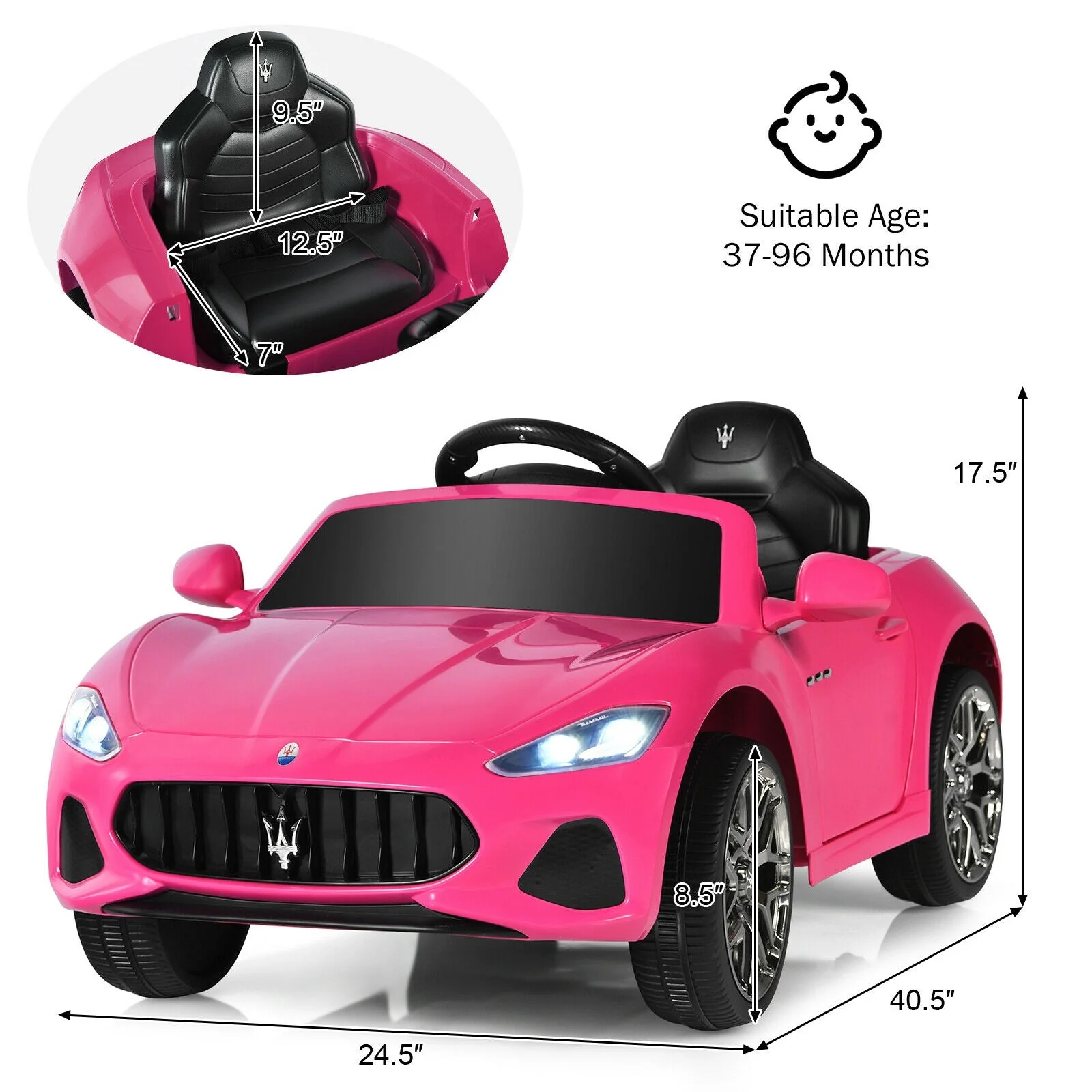 12V Kids Ride-On Car with Remote Control and Lights-Pink - Image 5