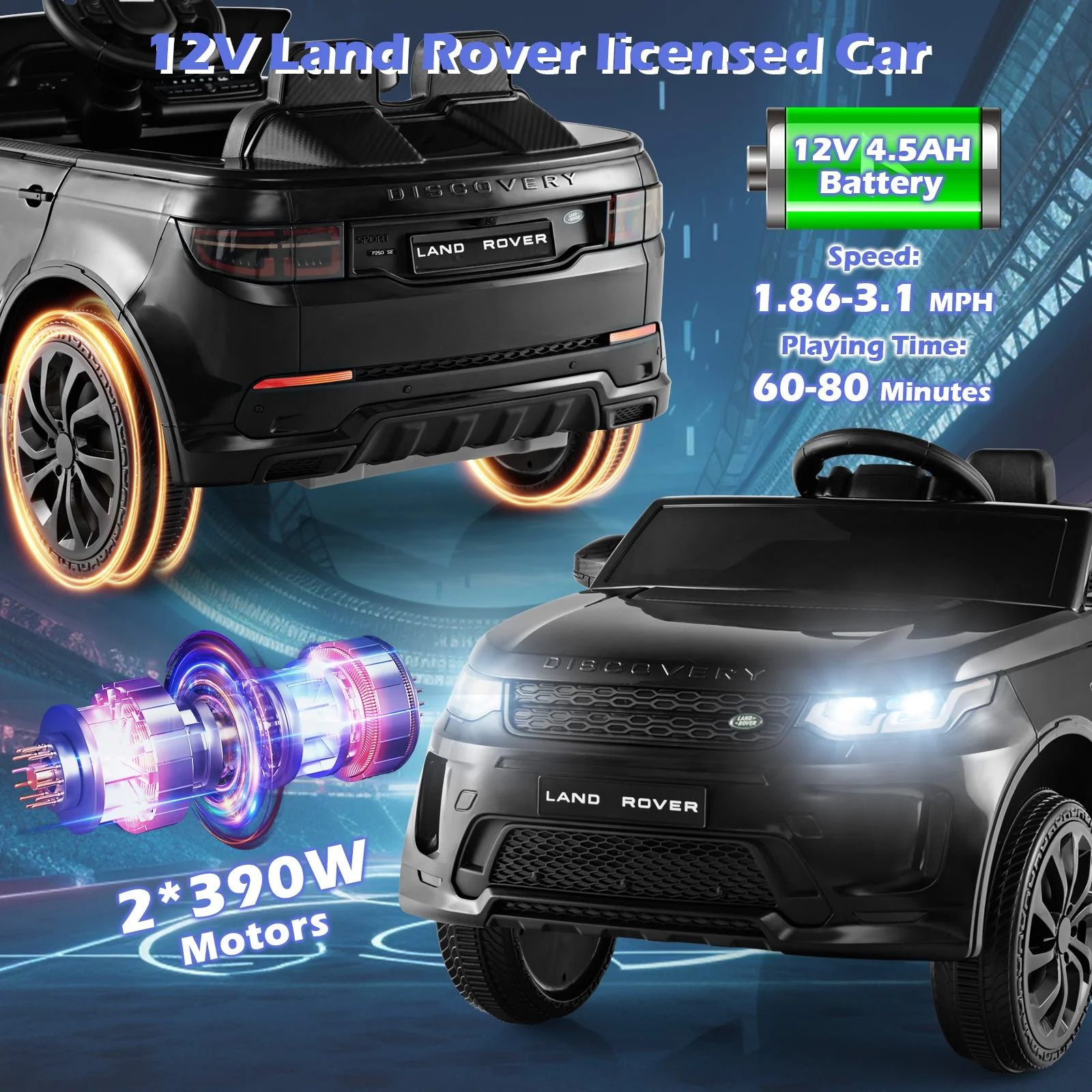 12V Kids Ride On Car with Remote Control Lockable Doors Slow Start System and LED Lights-Black - Image 8