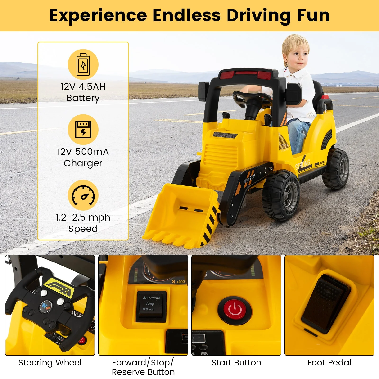 12V Kids Ride On Construction Tractor with Electric Adjustable Bucket-Yellow - Image 6