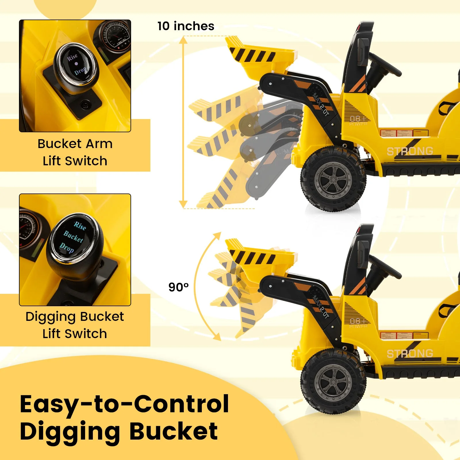 12V Kids Ride On Construction Tractor with Electric Adjustable Bucket-Yellow - Image 7