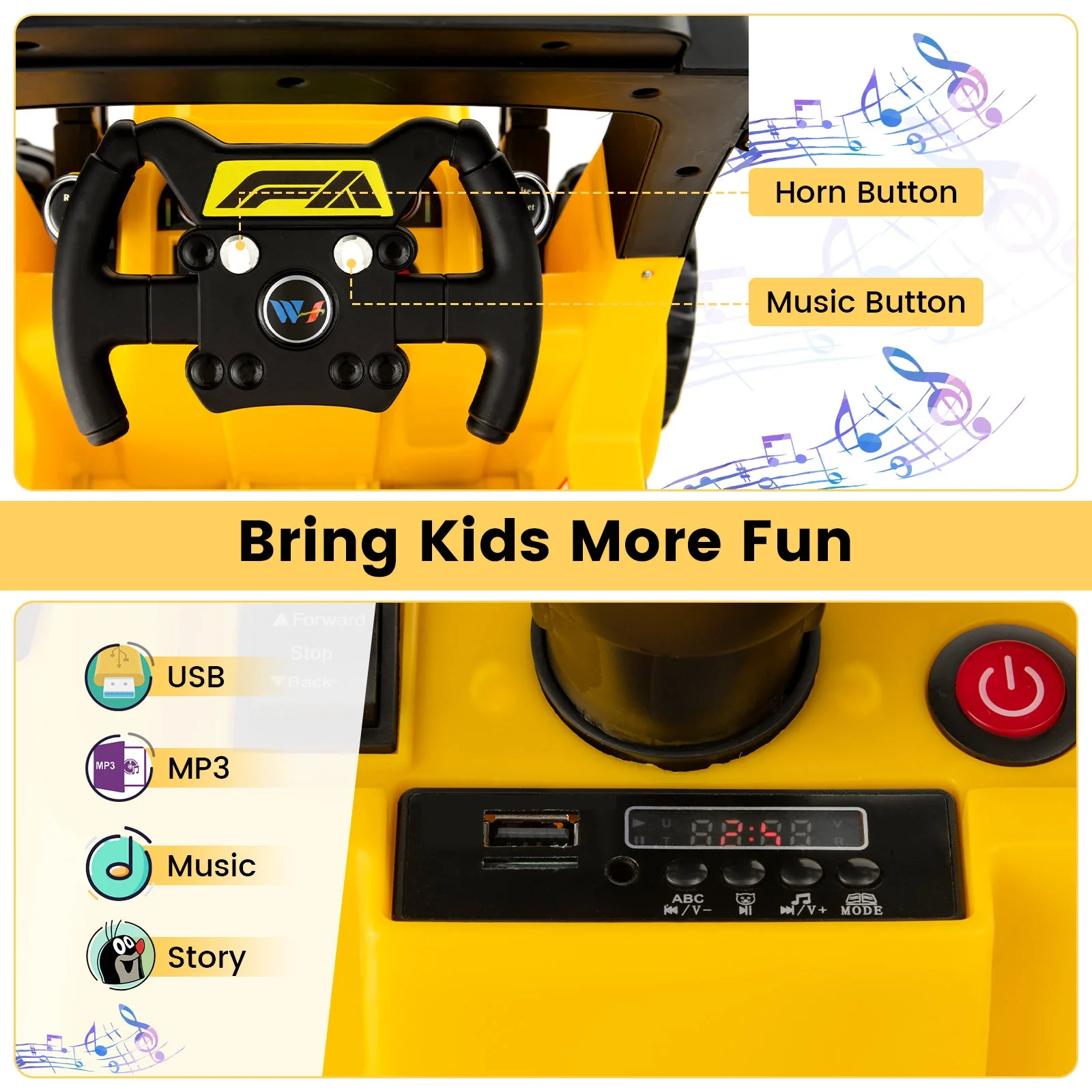 12V Kids Ride On Construction Tractor with Electric Adjustable Bucket-Yellow - Image 8
