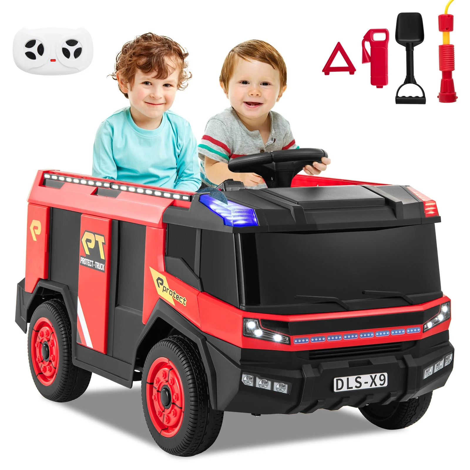 12V Kids Ride on Fire Truck 2-Seater with Remote Control and Water Gun-Red - Image 3