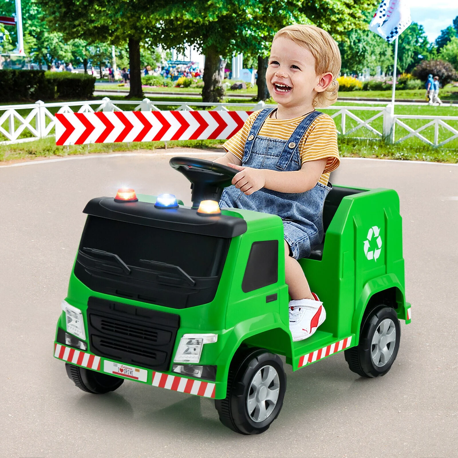 12V Kids Ride-on  Garbage Truck with Warning Lights and 6 Recycling Accessories-Green - Image 2
