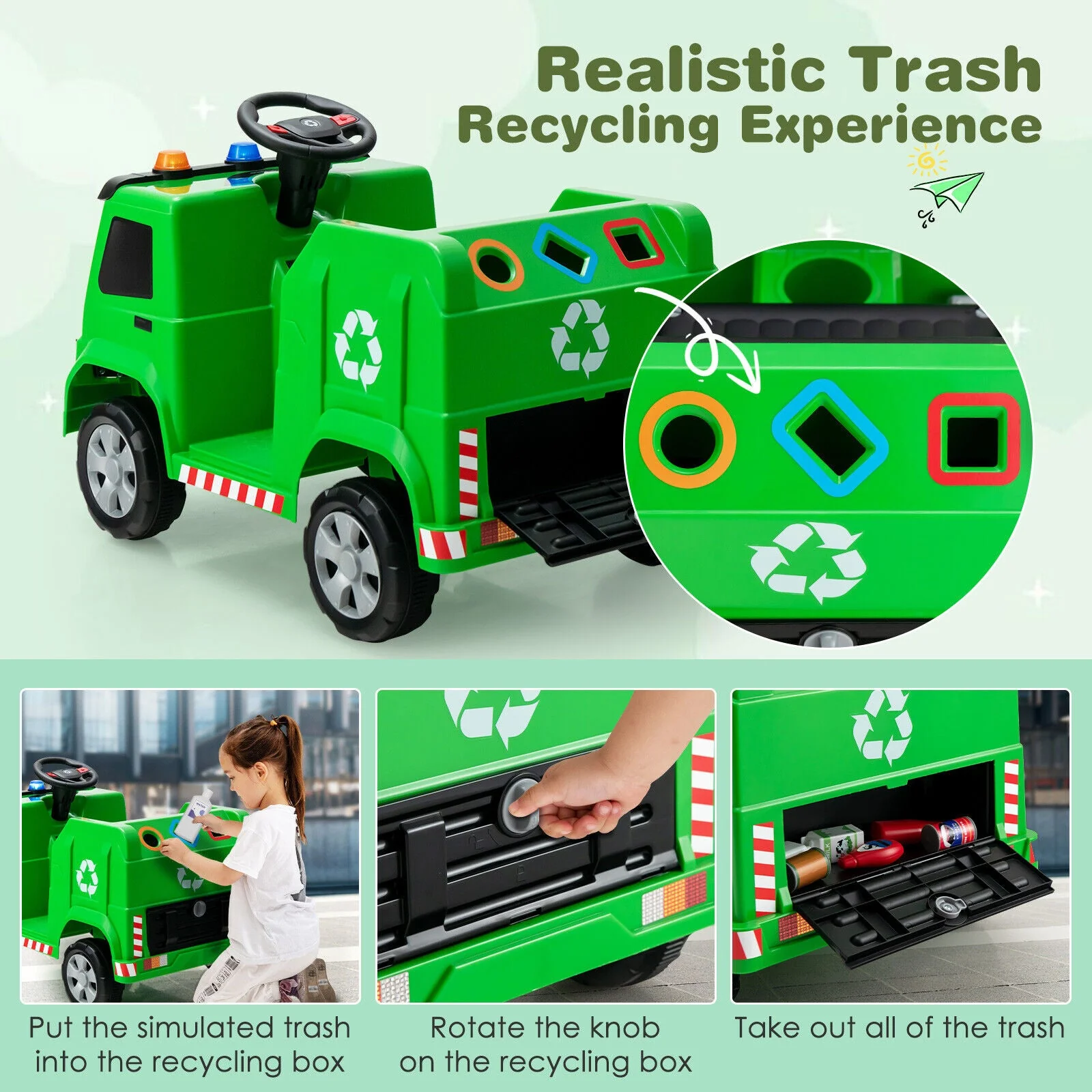 12V Kids Ride-on  Garbage Truck with Warning Lights and 6 Recycling Accessories-Green - Image 3