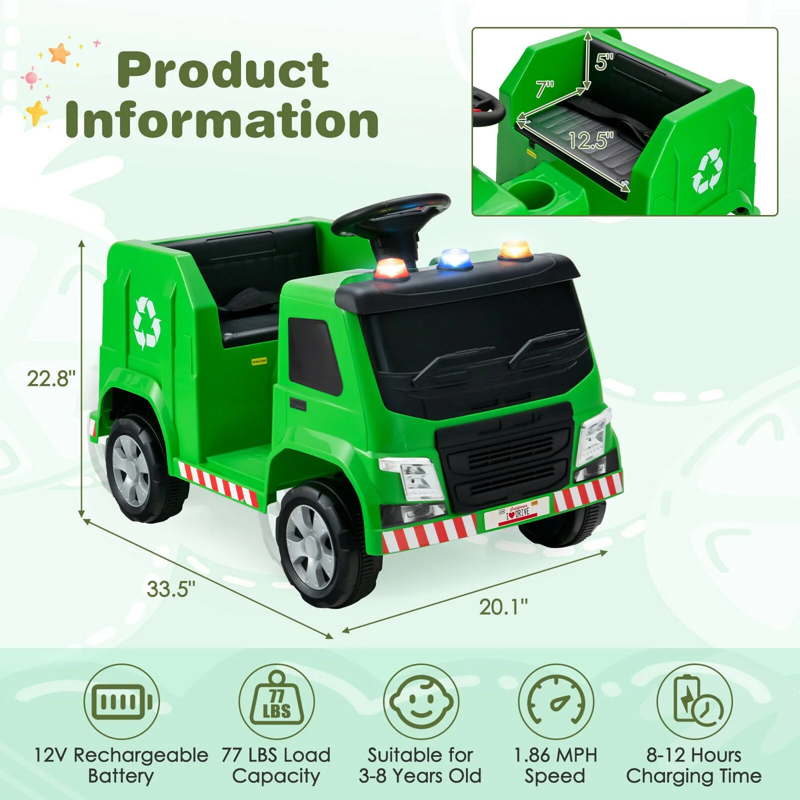 12V Kids Ride-on  Garbage Truck with Warning Lights and 6 Recycling Accessories-Green - Image 4