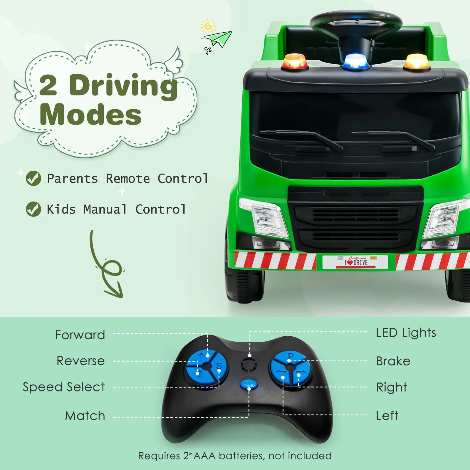 12V Kids Ride-on  Garbage Truck with Warning Lights and 6 Recycling Accessories-Green - Image 5