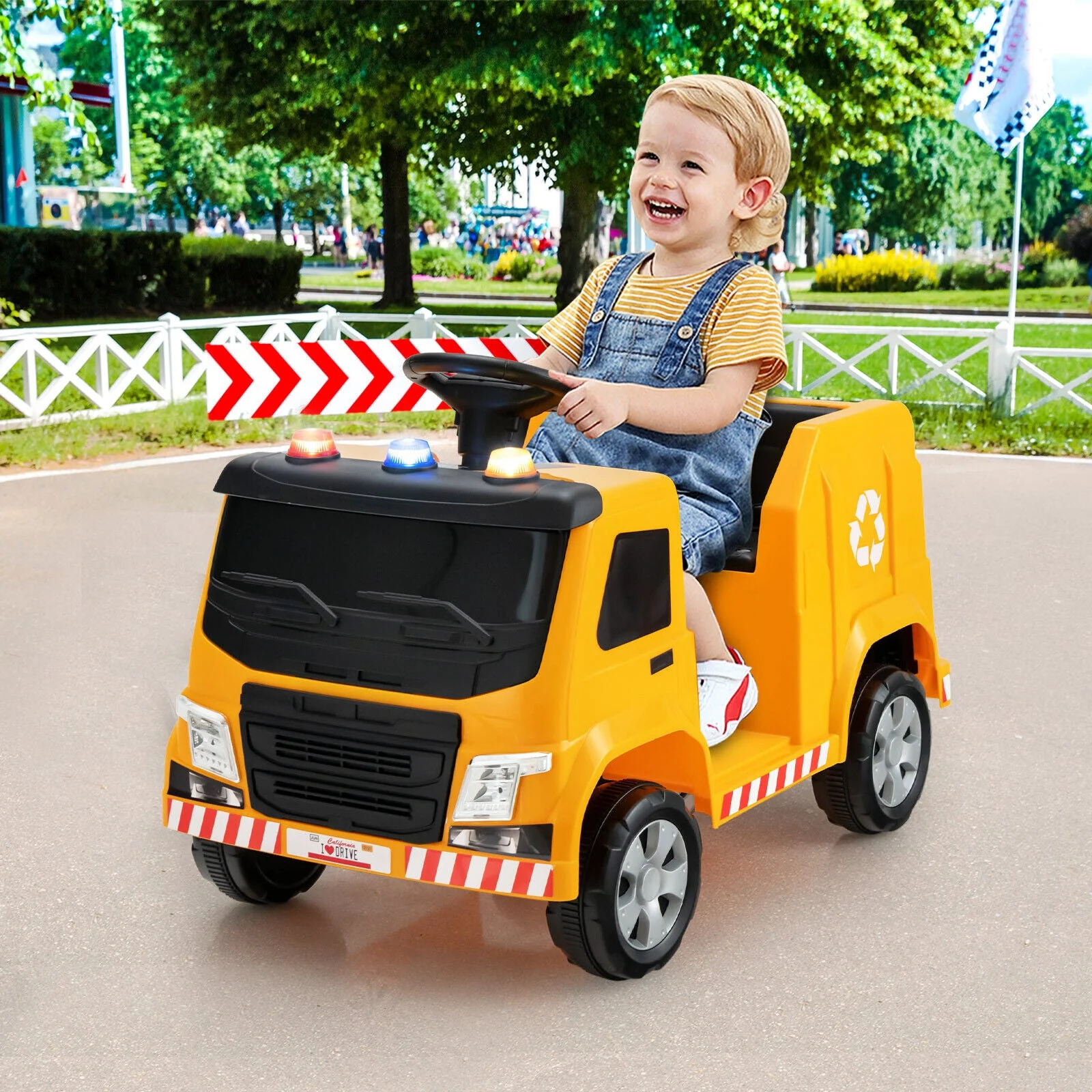 12V Kids Ride-on  Garbage Truck with Warning Lights and 6 Recycling Accessories-Yellow - Image 2