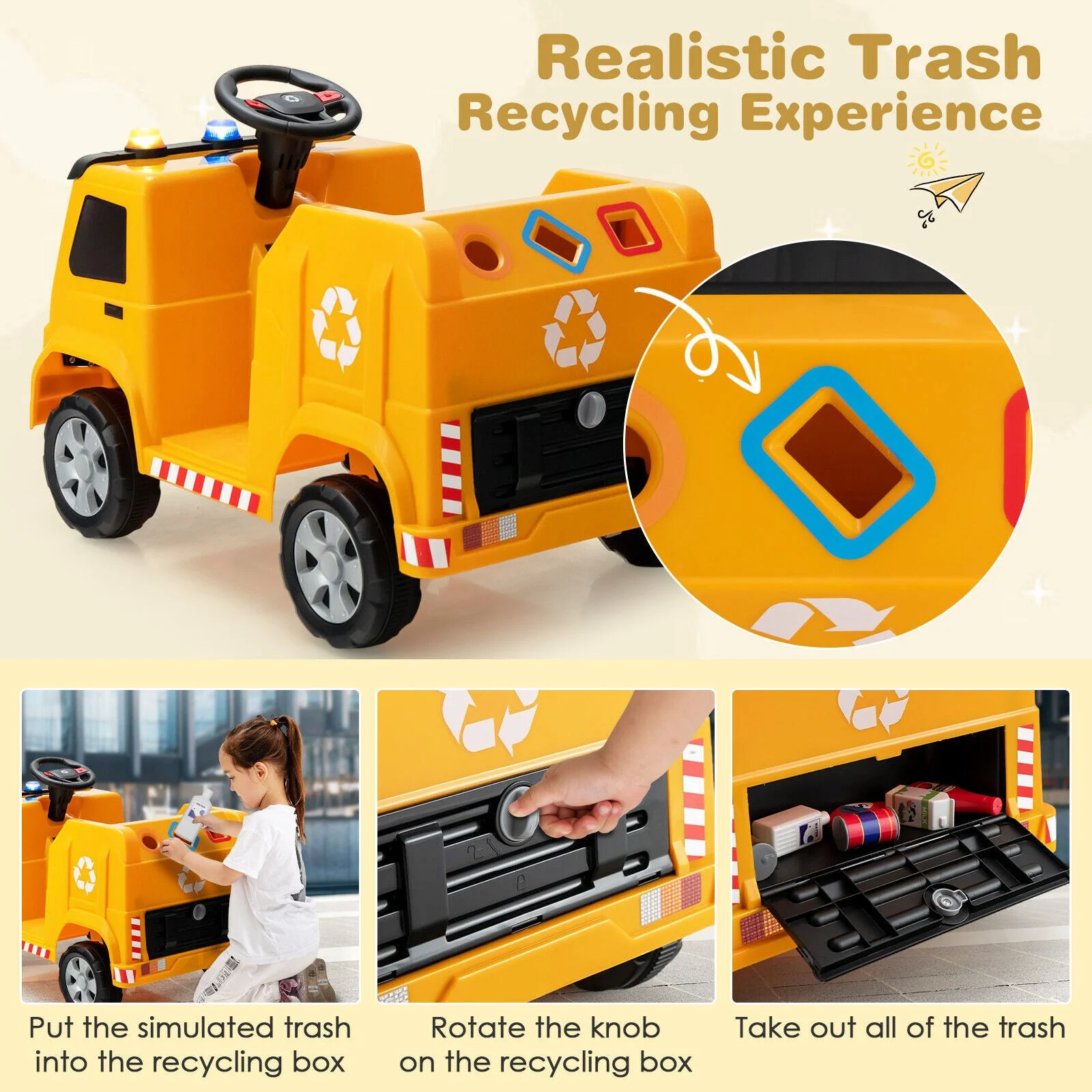 12V Kids Ride-on  Garbage Truck with Warning Lights and 6 Recycling Accessories-Yellow - Image 3