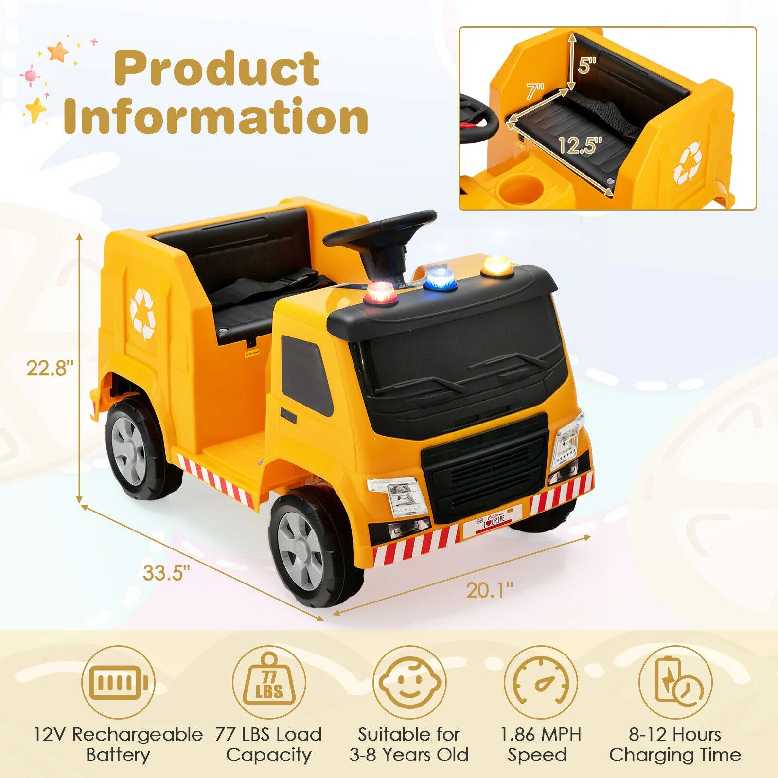 12V Kids Ride-on  Garbage Truck with Warning Lights and 6 Recycling Accessories-Yellow - Image 4