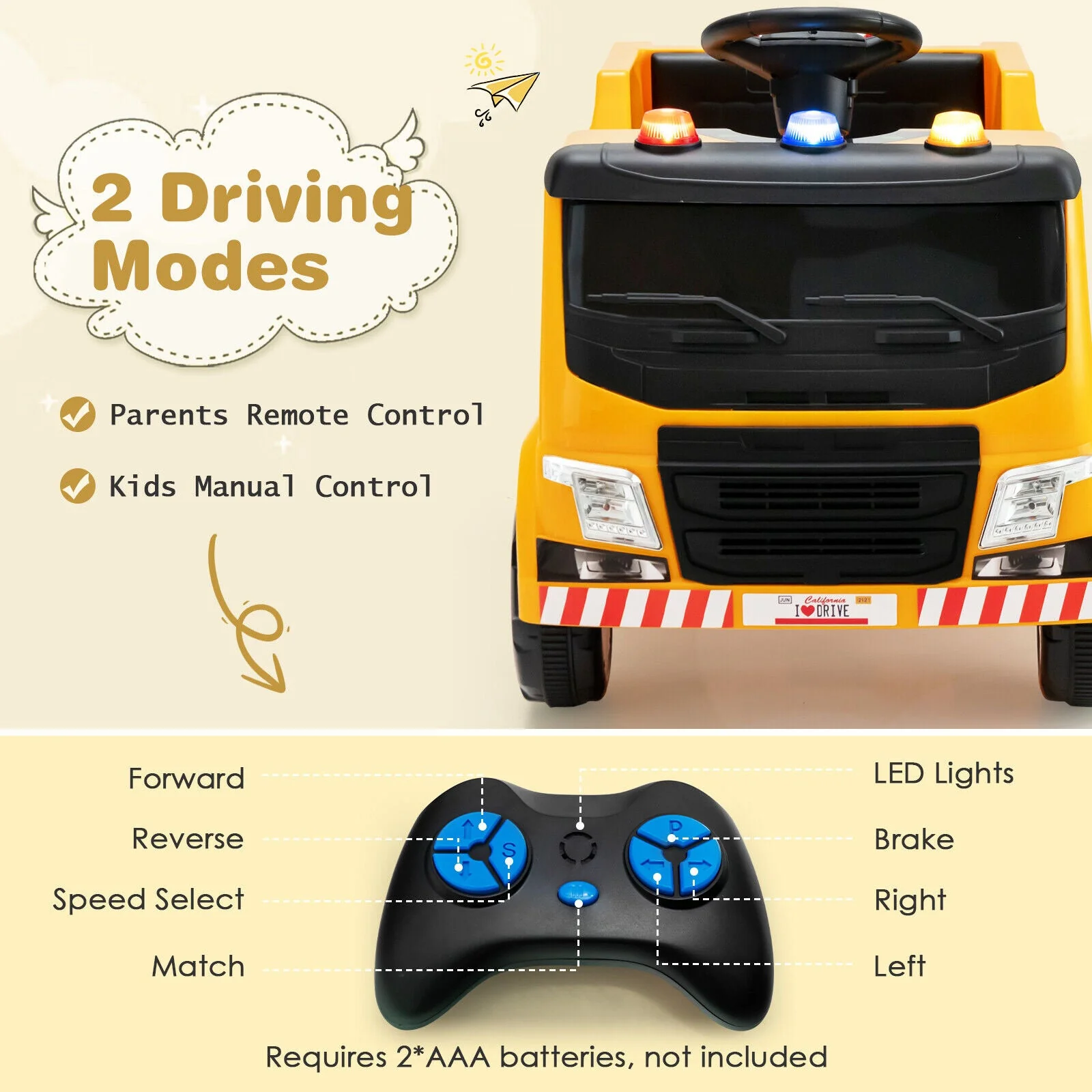 12V Kids Ride-on  Garbage Truck with Warning Lights and 6 Recycling Accessories-Yellow - Image 5