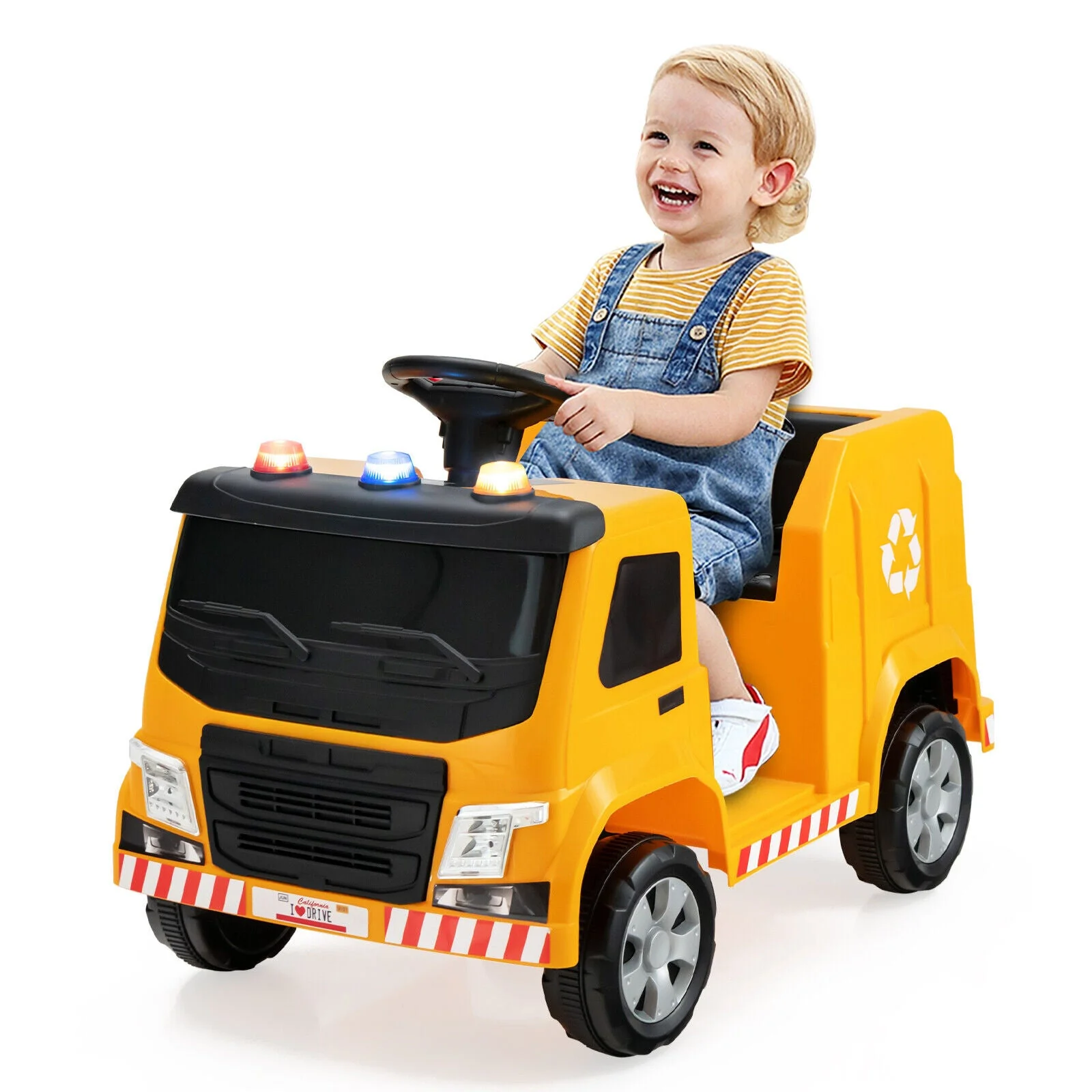 12V Kids Ride-on  Garbage Truck with Warning Lights and 6 Recycling Accessories-Yellow - Image 7