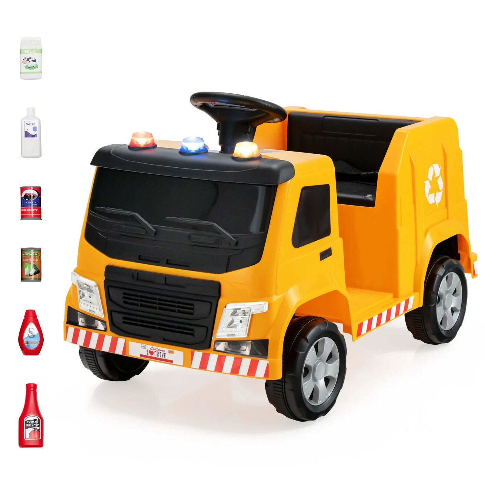 12V Kids Ride-on  Garbage Truck with Warning Lights and 6 Recycling Accessories-Yellow - Image 8