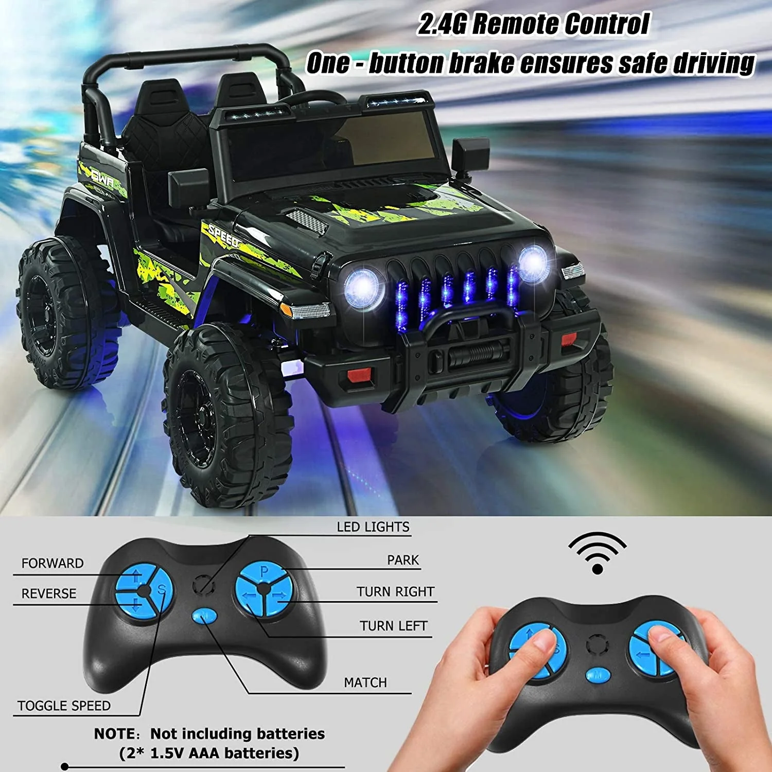 12V Kids Ride-on Jeep Car with 2.4 G Remote Control-Black & Green - Image 2