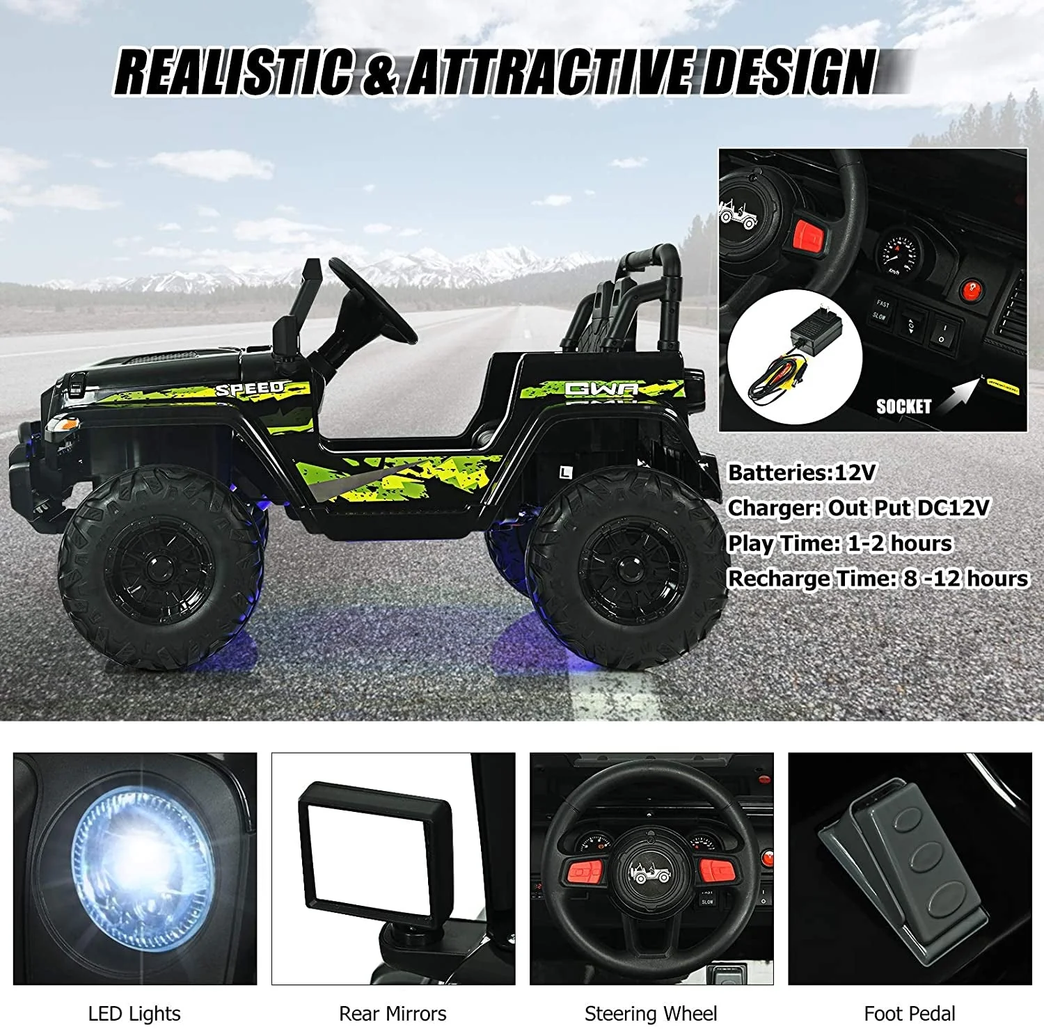 12V Kids Ride-on Jeep Car with 2.4 G Remote Control-Black & Green - Image 5