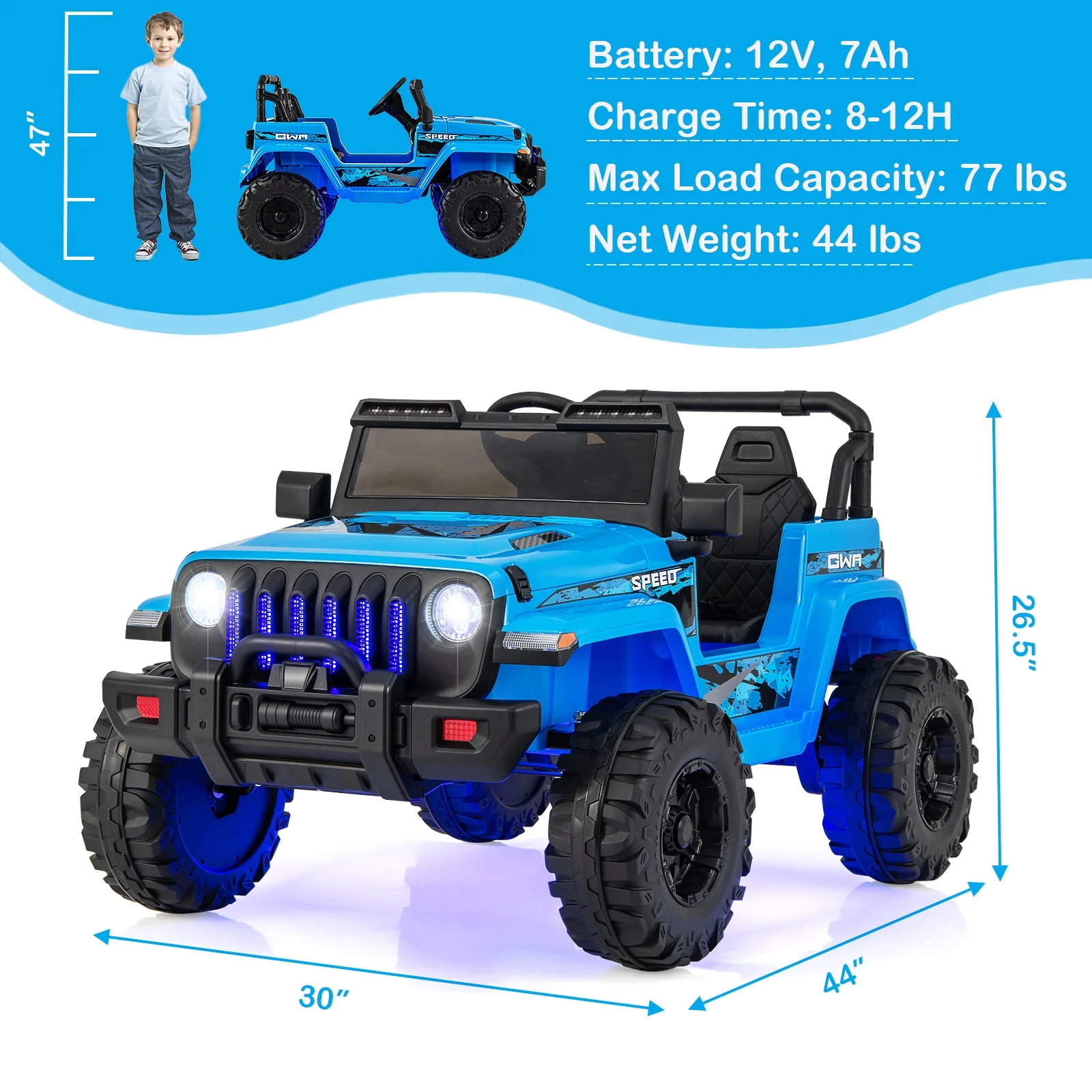 12V Kids Ride-on Jeep Car with 2.4 G Remote Control-Blue - Image 3