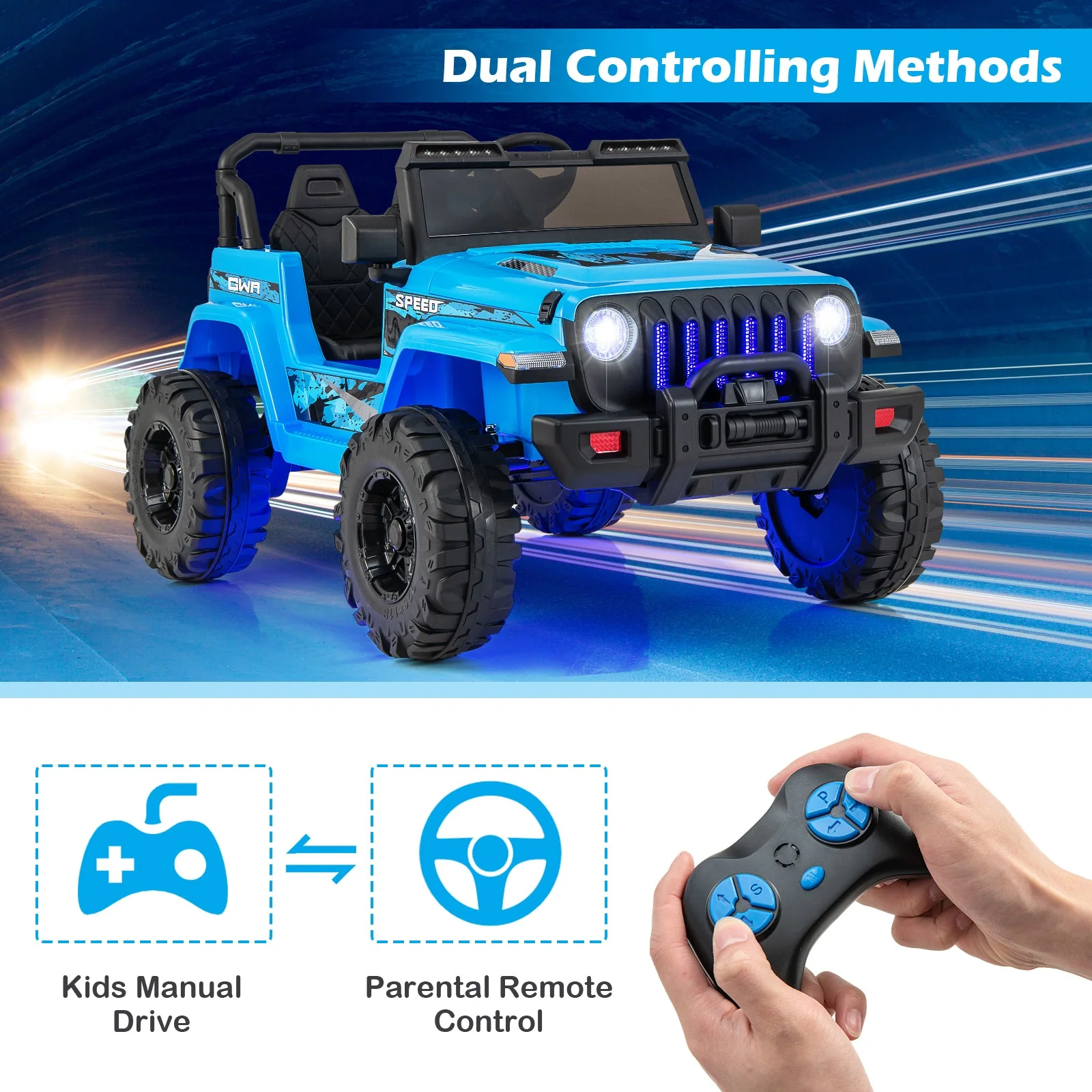 12V Kids Ride-on Jeep Car with 2.4 G Remote Control-Blue - Image 7