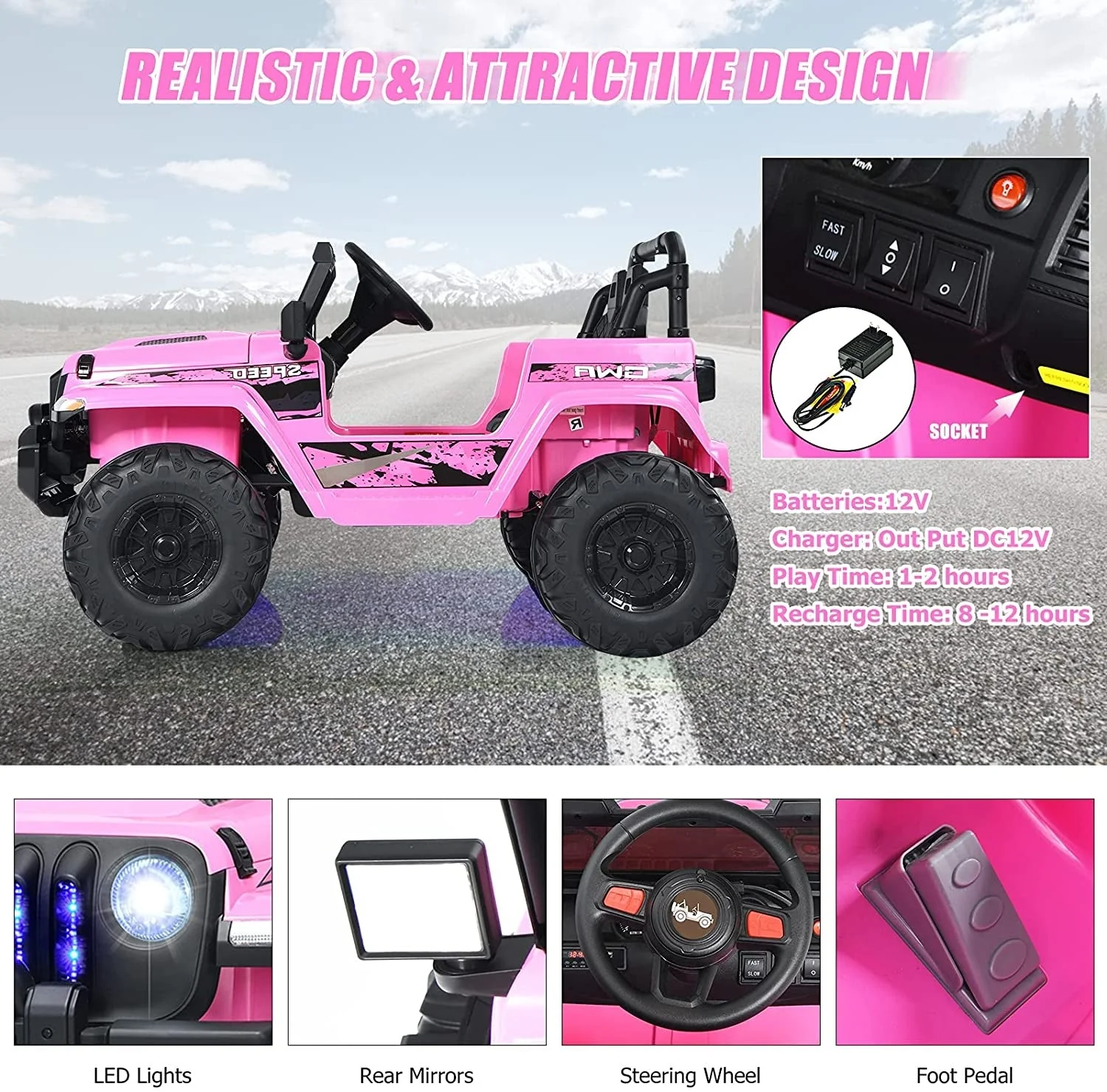 12V Kids Ride-on Jeep Car with 2.4 G Remote Control-Pink - Image 5