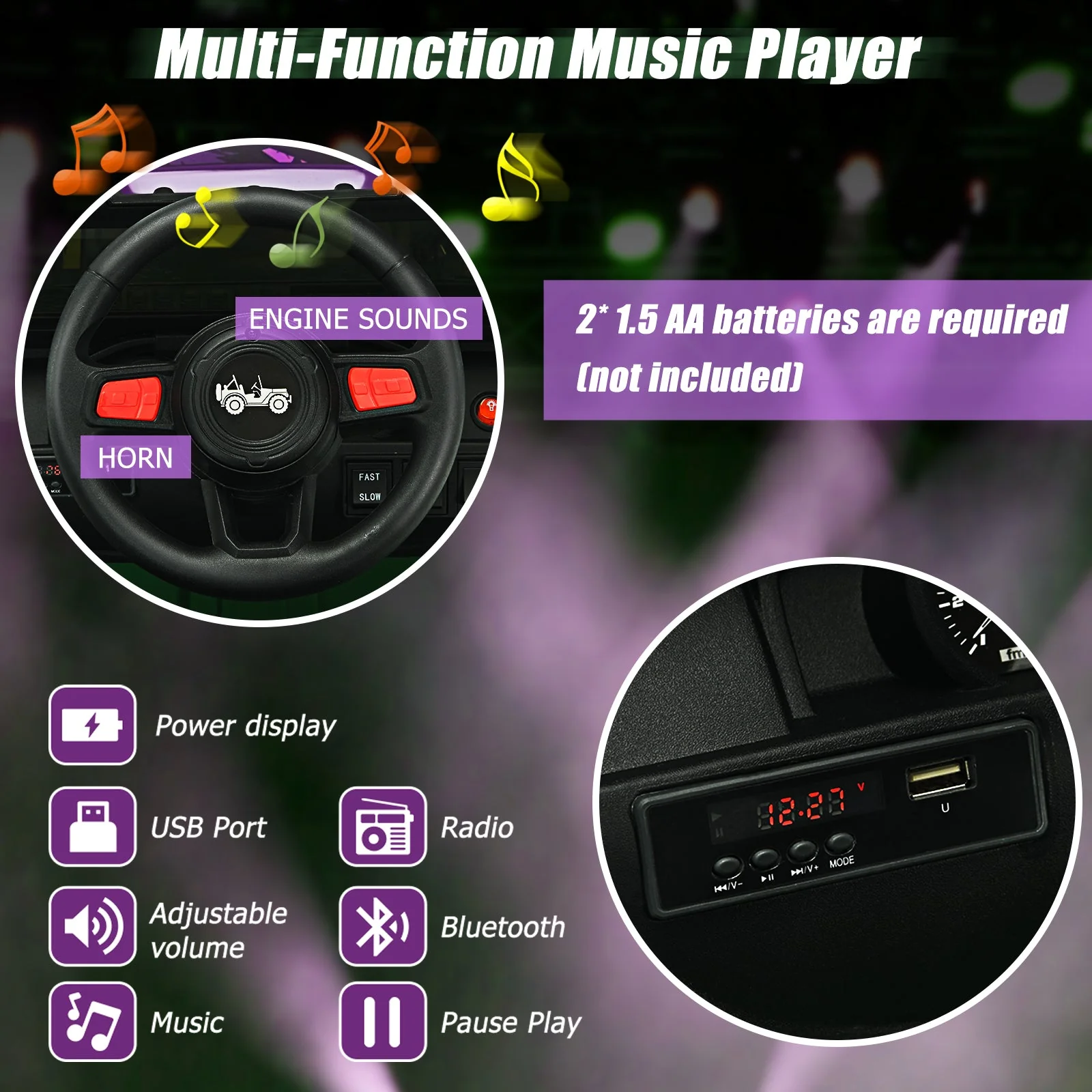 12V Kids Ride-on Jeep Car with 2.4 G Remote Control-Purple - Image 6