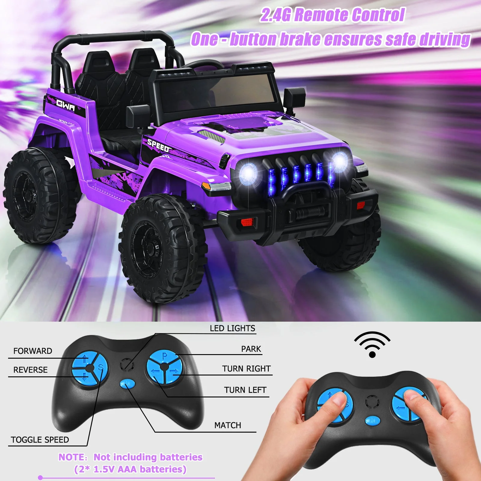 12V Kids Ride-on Jeep Car with 2.4 G Remote Control-Purple - Image 7