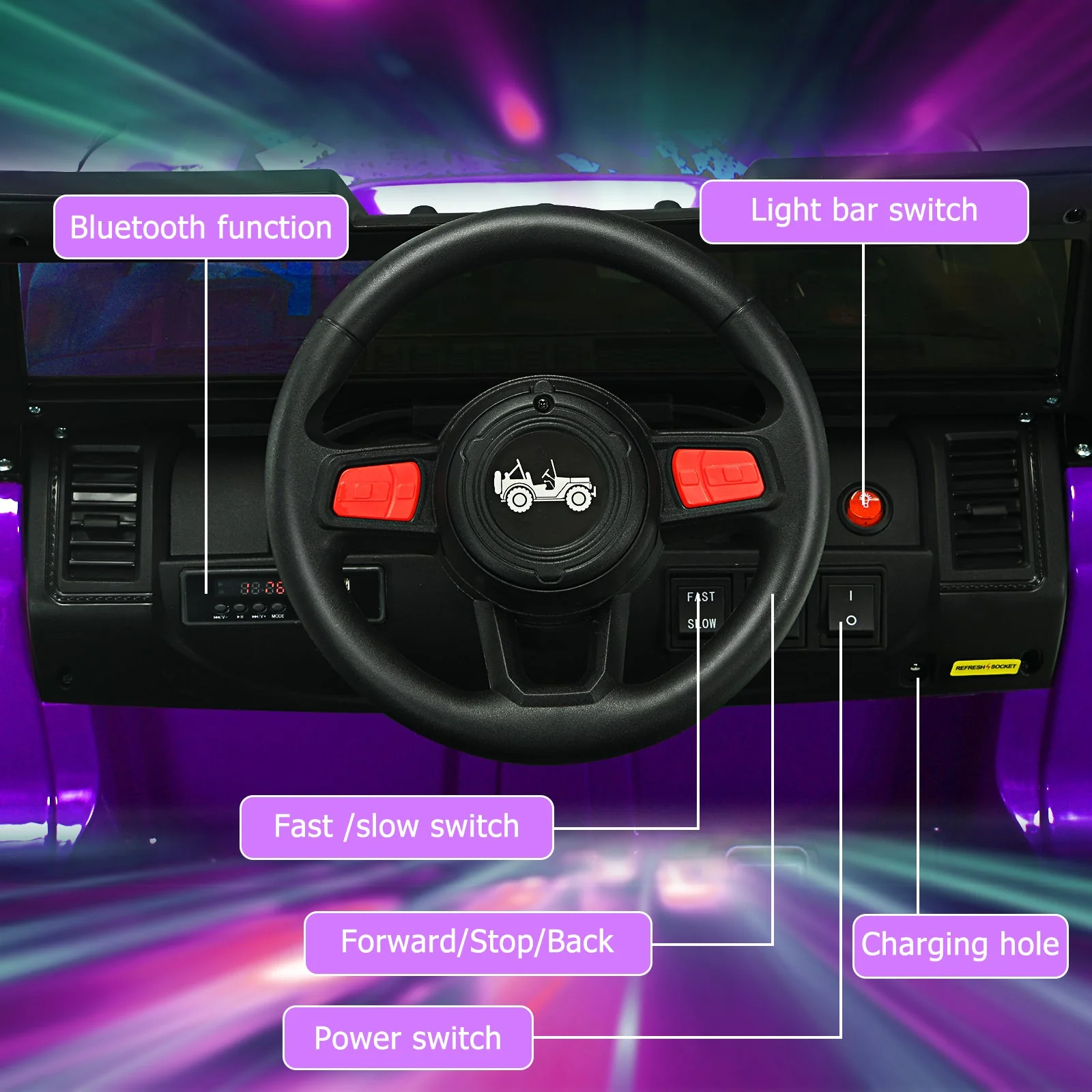 12V Kids Ride-on Jeep Car with 2.4 G Remote Control-Purple - Image 8