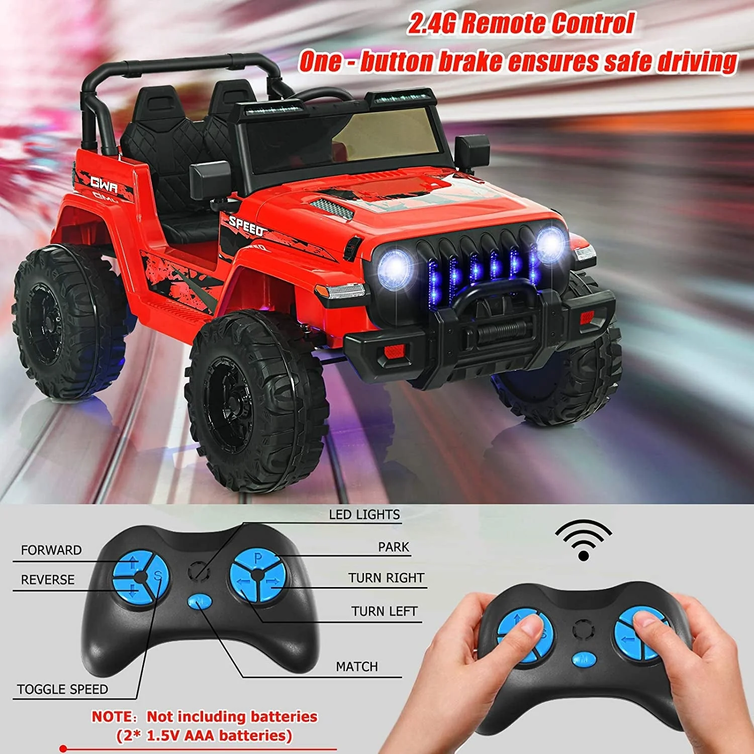 12V Kids Ride-on Jeep Car with 2.4 G Remote Control-Red - Image 2
