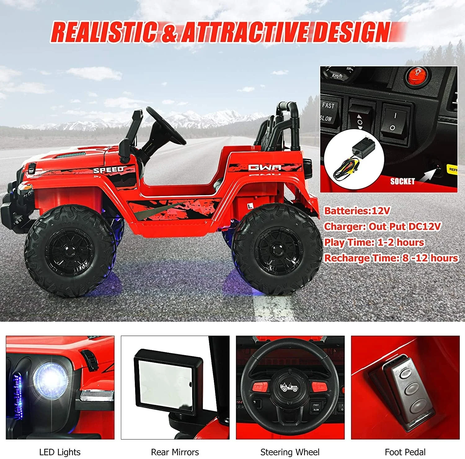 12V Kids Ride-on Jeep Car with 2.4 G Remote Control-Red - Image 5