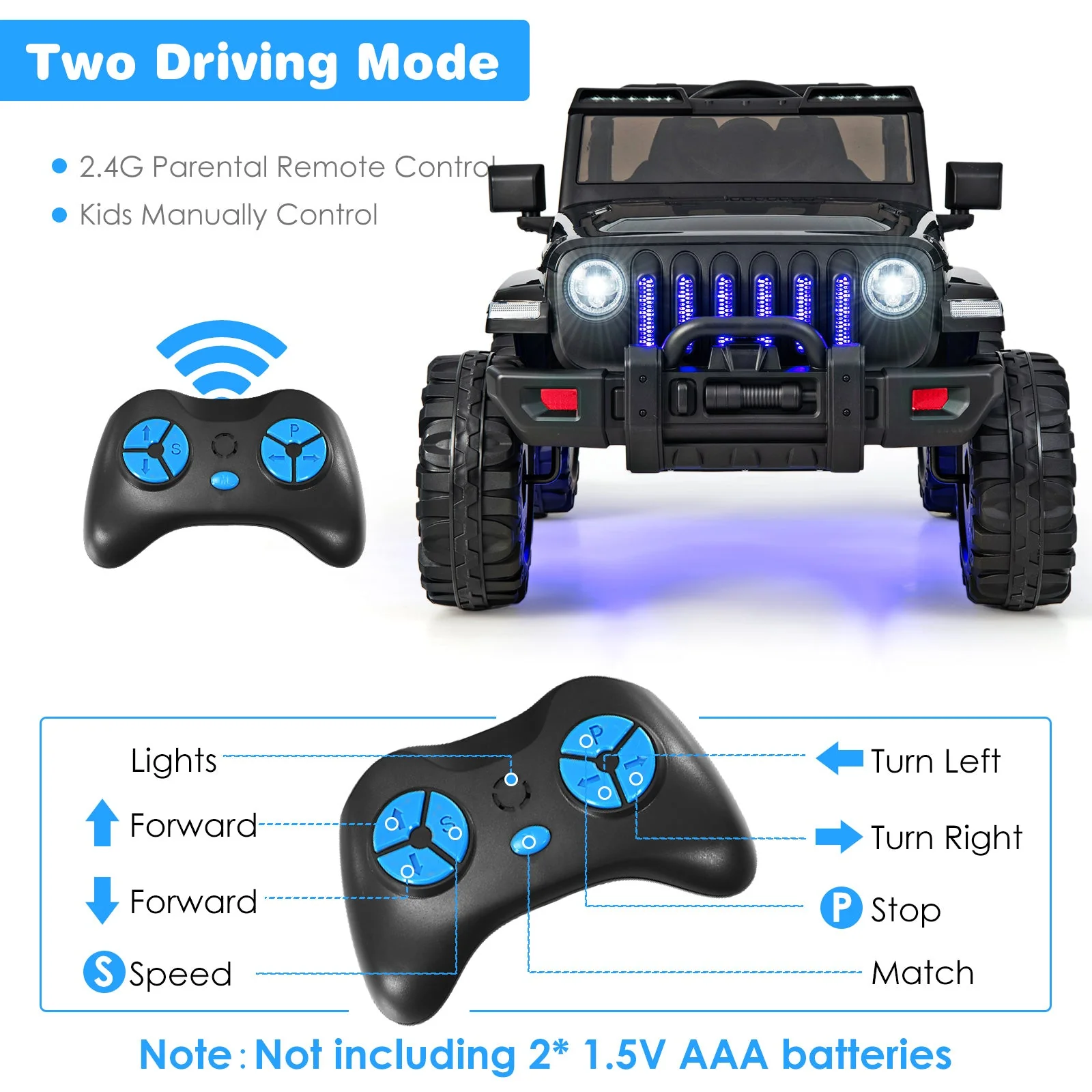 12V Kids Ride-on Jeep Car with 2.4 G Remote Control-Solid Black - Image 6