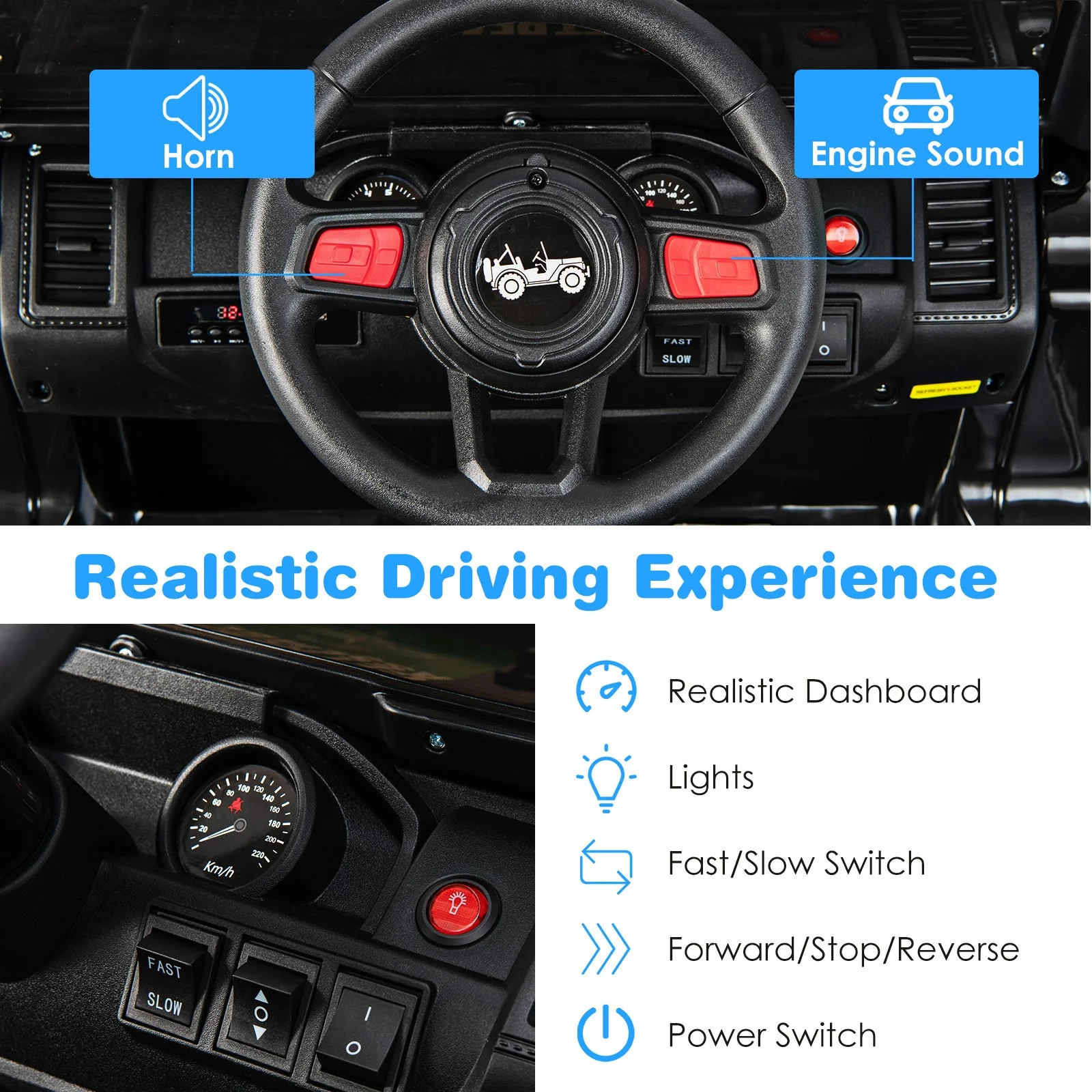 12V Kids Ride-on Jeep Car with 2.4 G Remote Control-Solid Black - Image 7