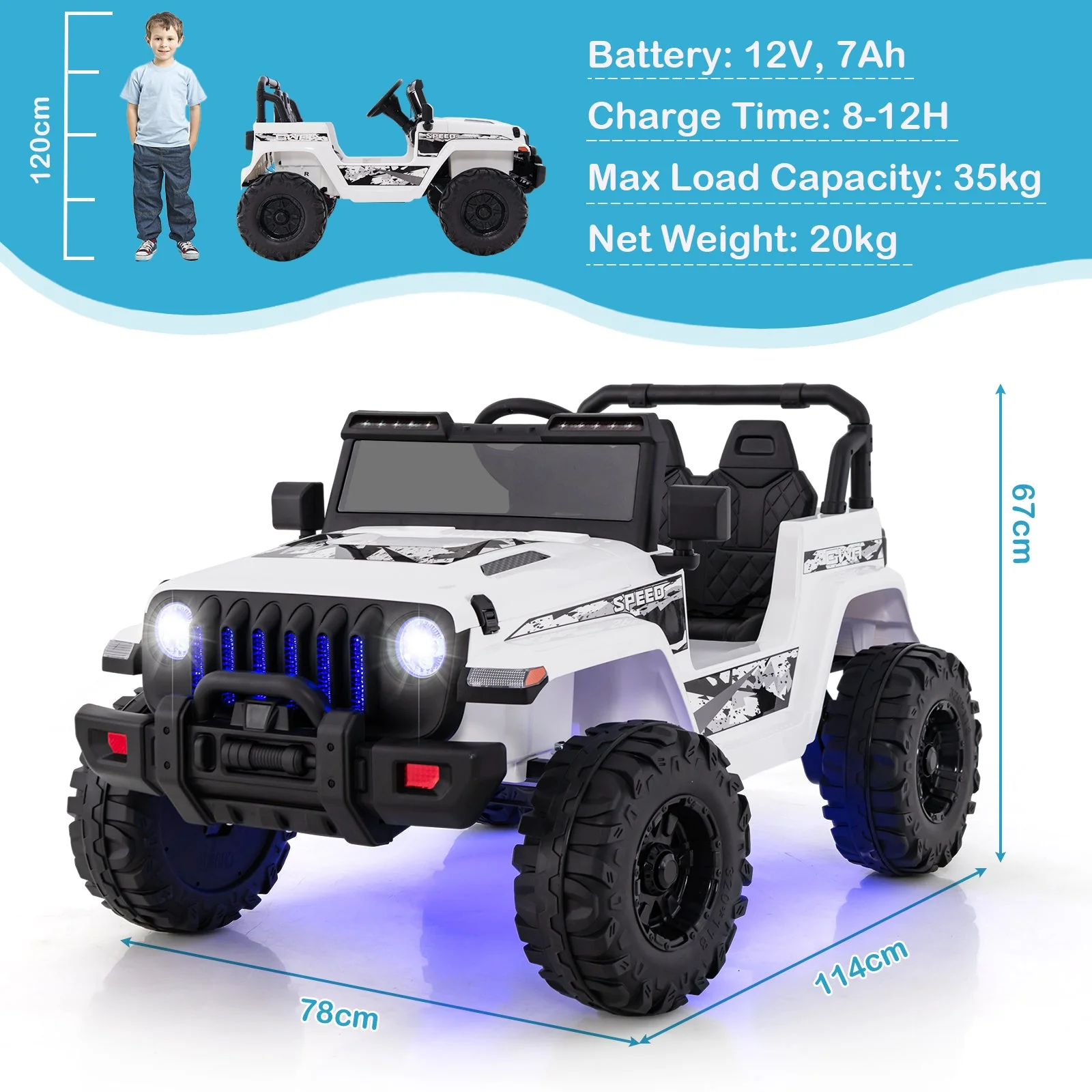 12V Kids Ride-on Jeep Car with 2.4 G Remote Control-White - Image 4