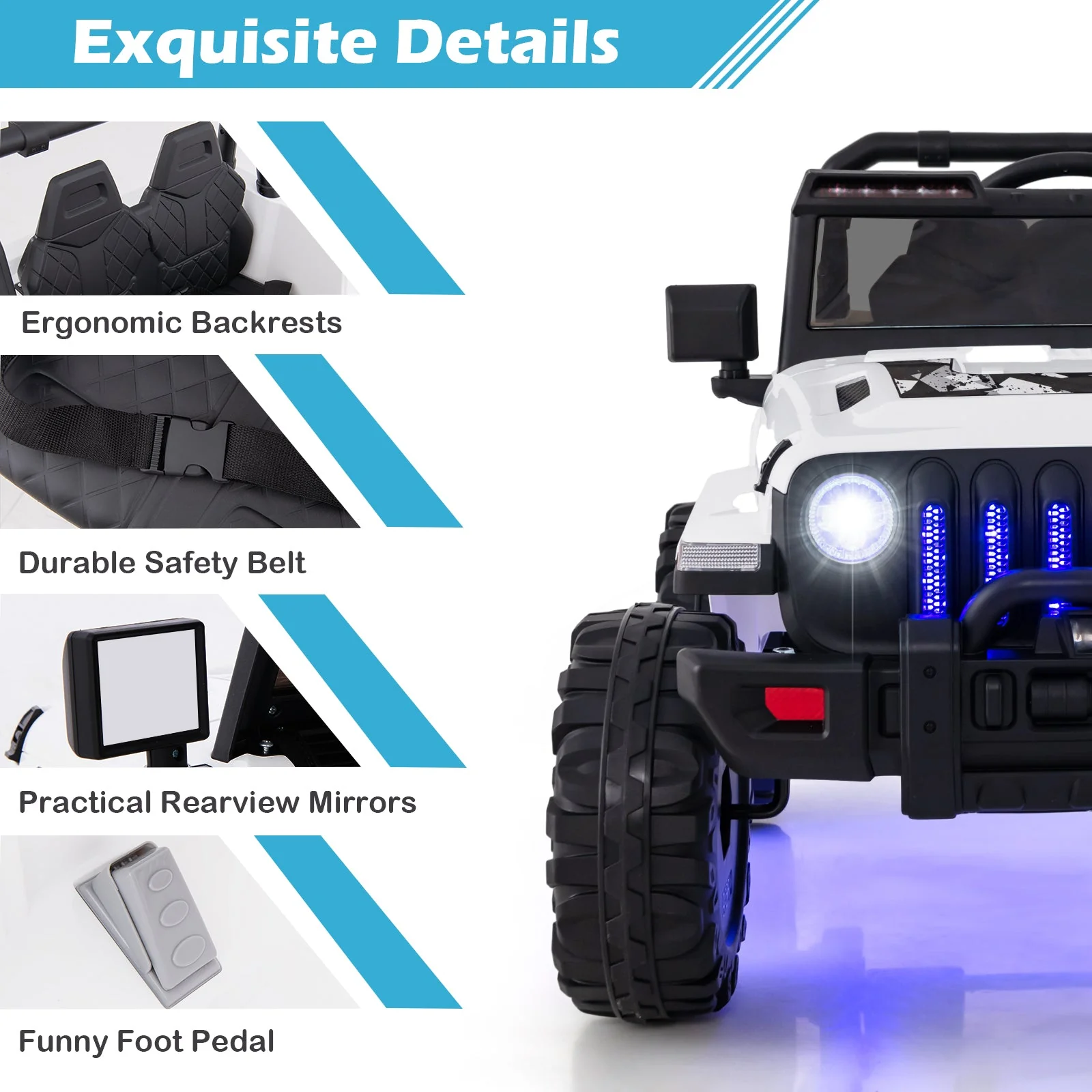 12V Kids Ride-on Jeep Car with 2.4 G Remote Control-White - Image 6