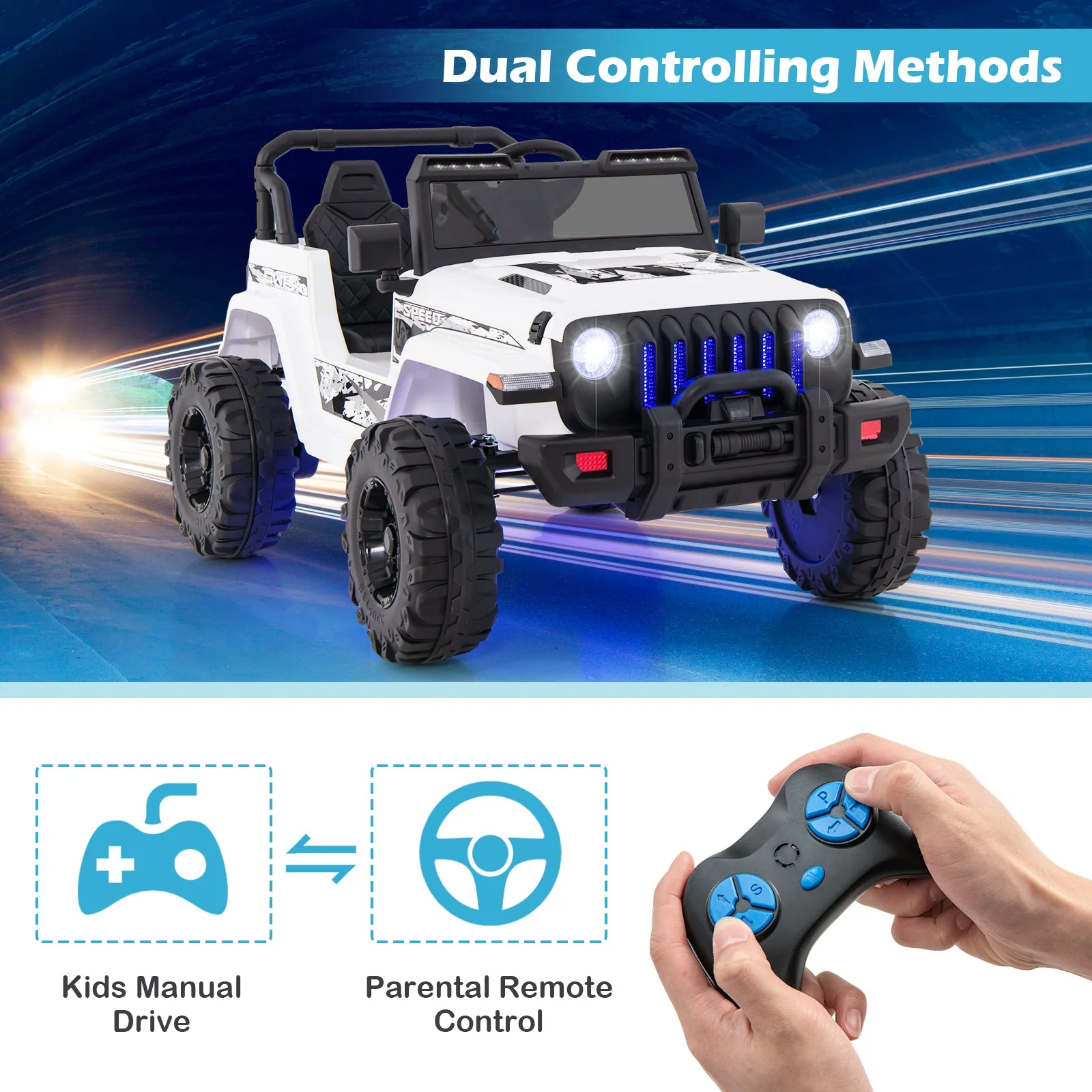12V Kids Ride-on Jeep Car with 2.4 G Remote Control-White - Image 7