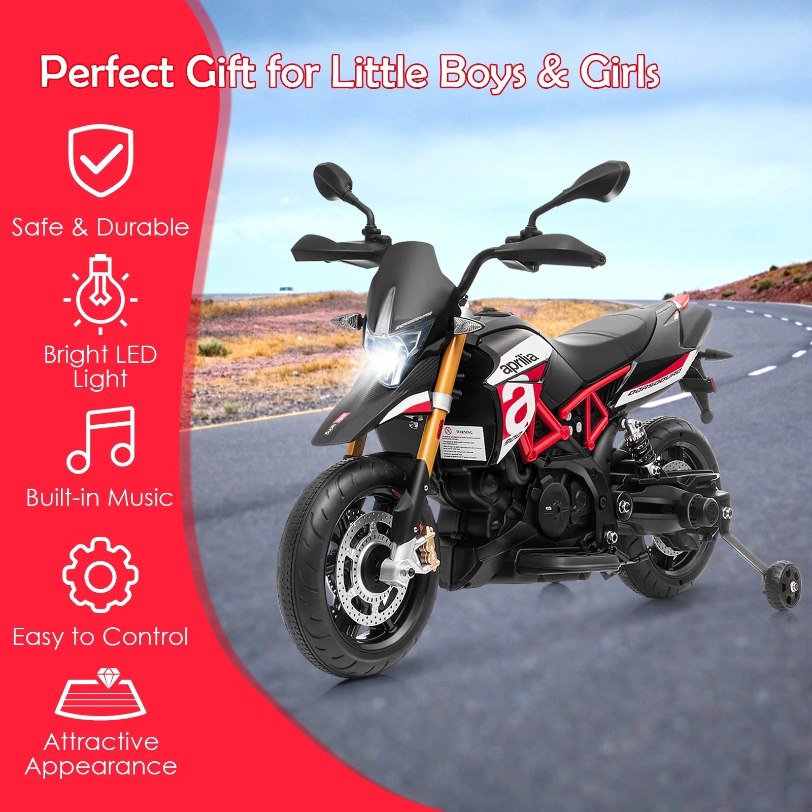 12V Kids Ride-On Motorcycle Aprilia Licensed with Sounds and Music-Red - Image 5