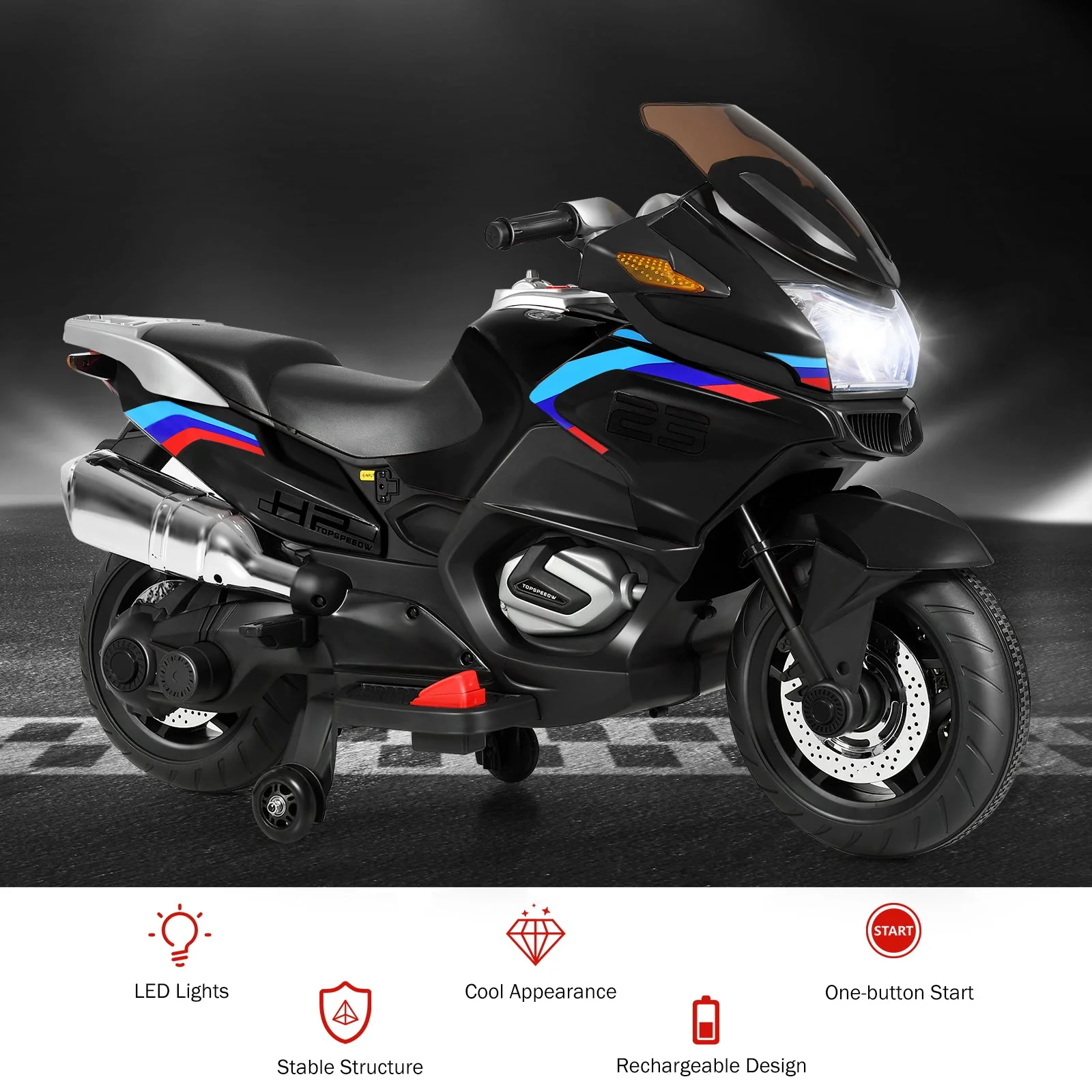 12V Kids Ride On Motorcycle Electric Motor Bike-Black - Image 8
