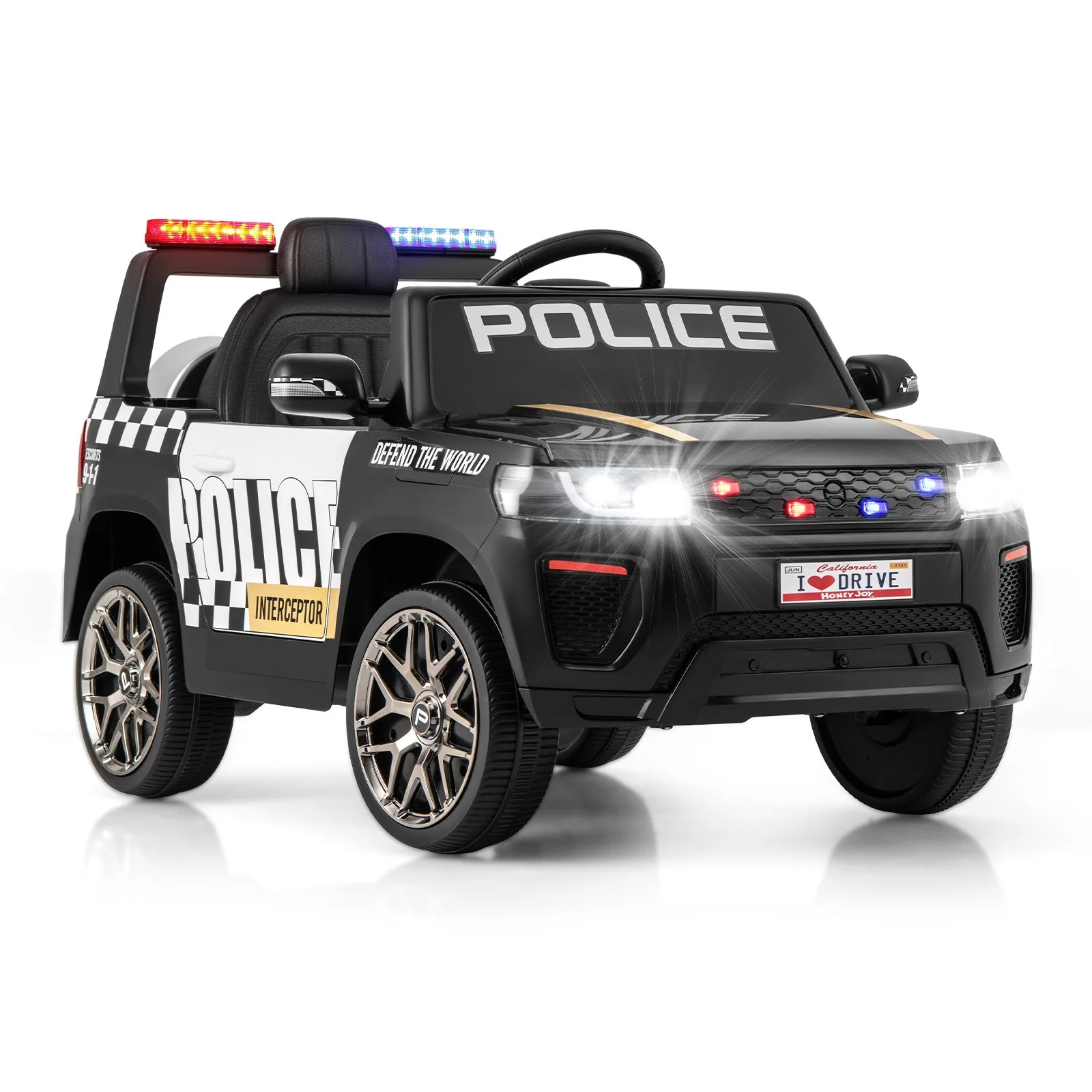 12V Kids Ride on Police Car with Remote and Siren Flashing Lights-Black - Image 2