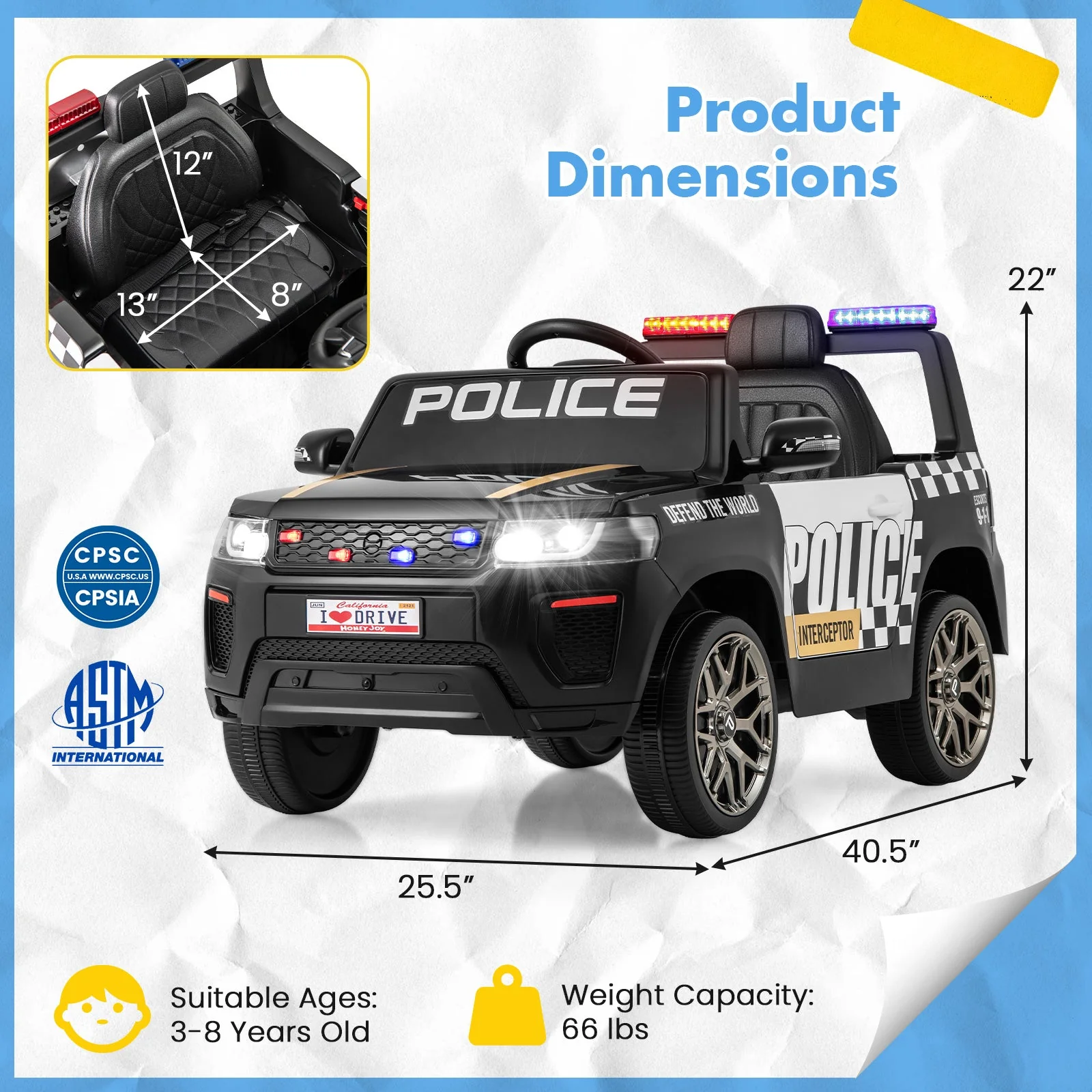 12V Kids Ride on Police Car with Remote and Siren Flashing Lights-Black - Image 3