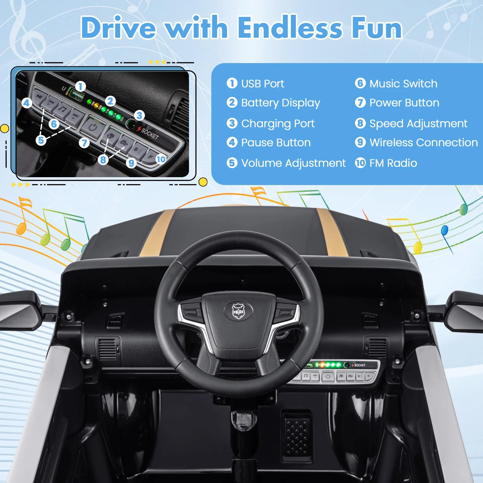 12V Kids Ride on Police Car with Remote and Siren Flashing Lights-Black - Image 8